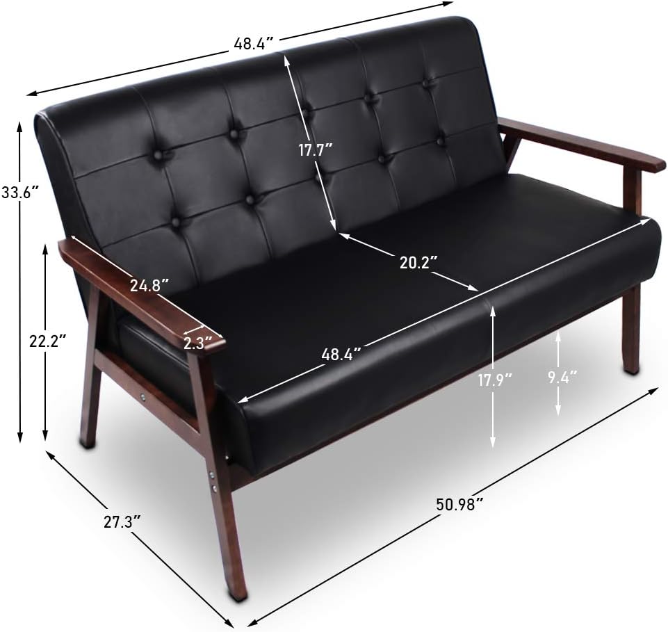 JIASTING Mid-Century Modern Solid Loveseat Sofa Upholstered Faux Leather Couch 2-Seat Wood Armchair Living Room/Outdoor Lounge Chair, Waiting Room Sofa, 50”W