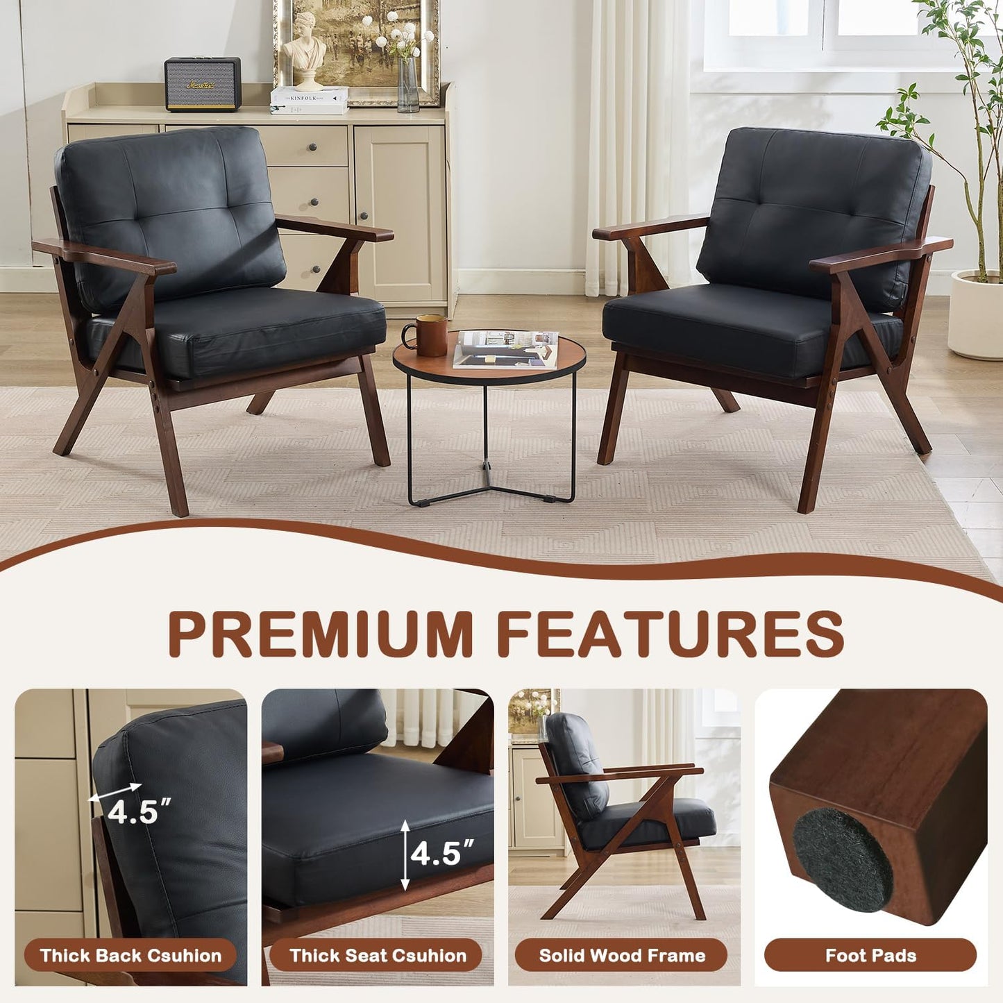 JIASTING Black Leather Accent Chair Set of 2, Mid Century Modern Accent Chair, Office Guest Waiting Room Chairs for Living Room, Bedroom, Wood Frame & Easy Assembly (2)