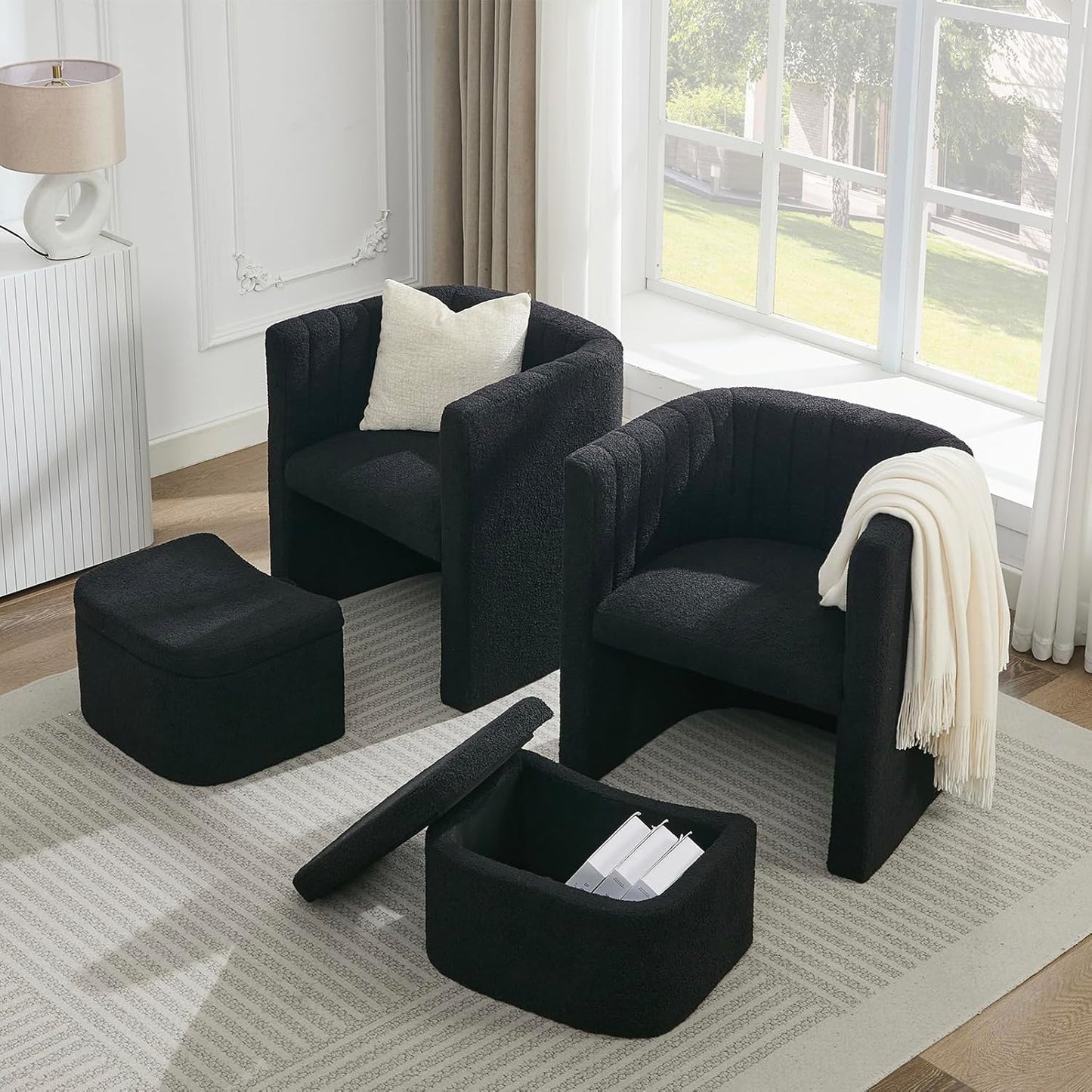 STHOUYN Barrel Accent Chair with Storage Ottoman, Comfy Reading Chair with Ottoman, Bedroom Corner Chair Bucket Arm Chairs, Living Room Chairs (2, Black)