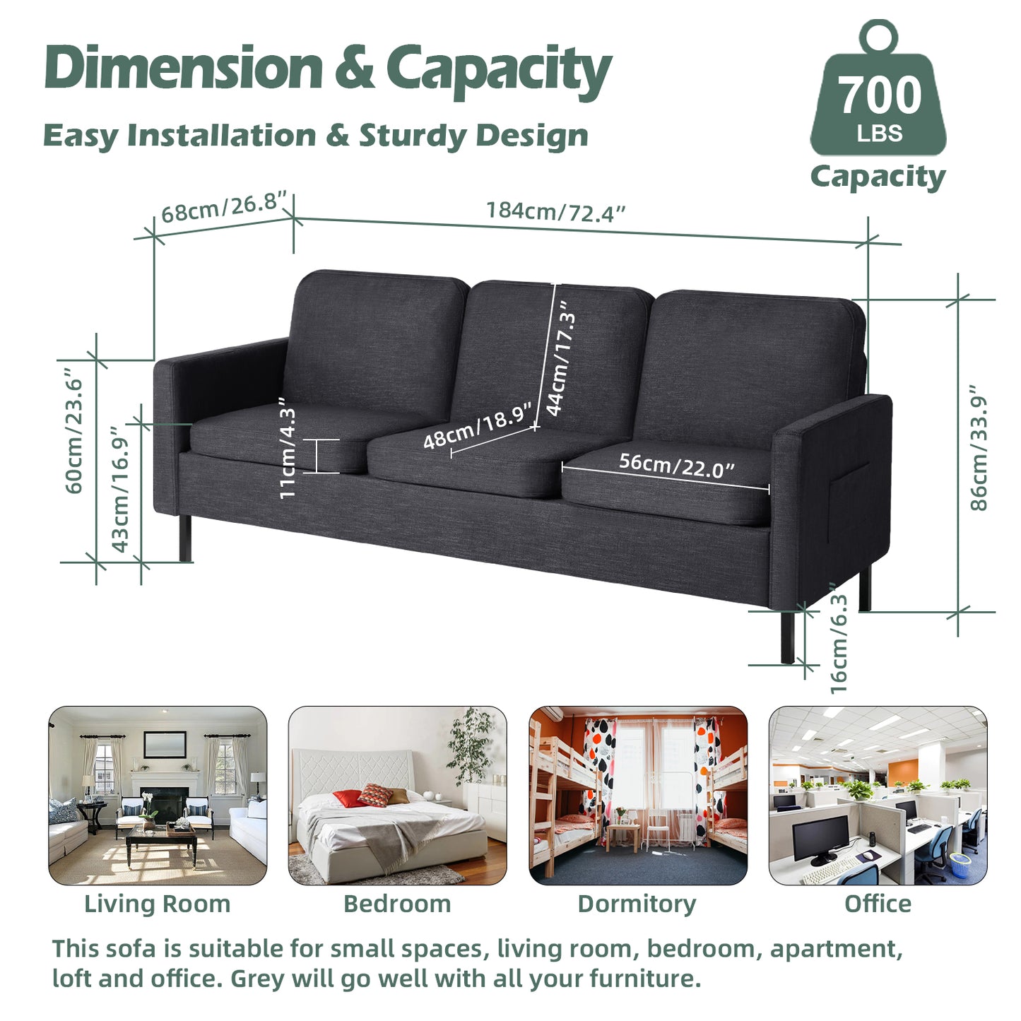 STHOUYN 72" W 3 Seater Couch with 2 USB, Comfy Grey Couch with 2 Pockets, Living Room Sofas with Reinforced Steel Frame, Cheap Sofas for Small Spaces, Dorm, Bedroom