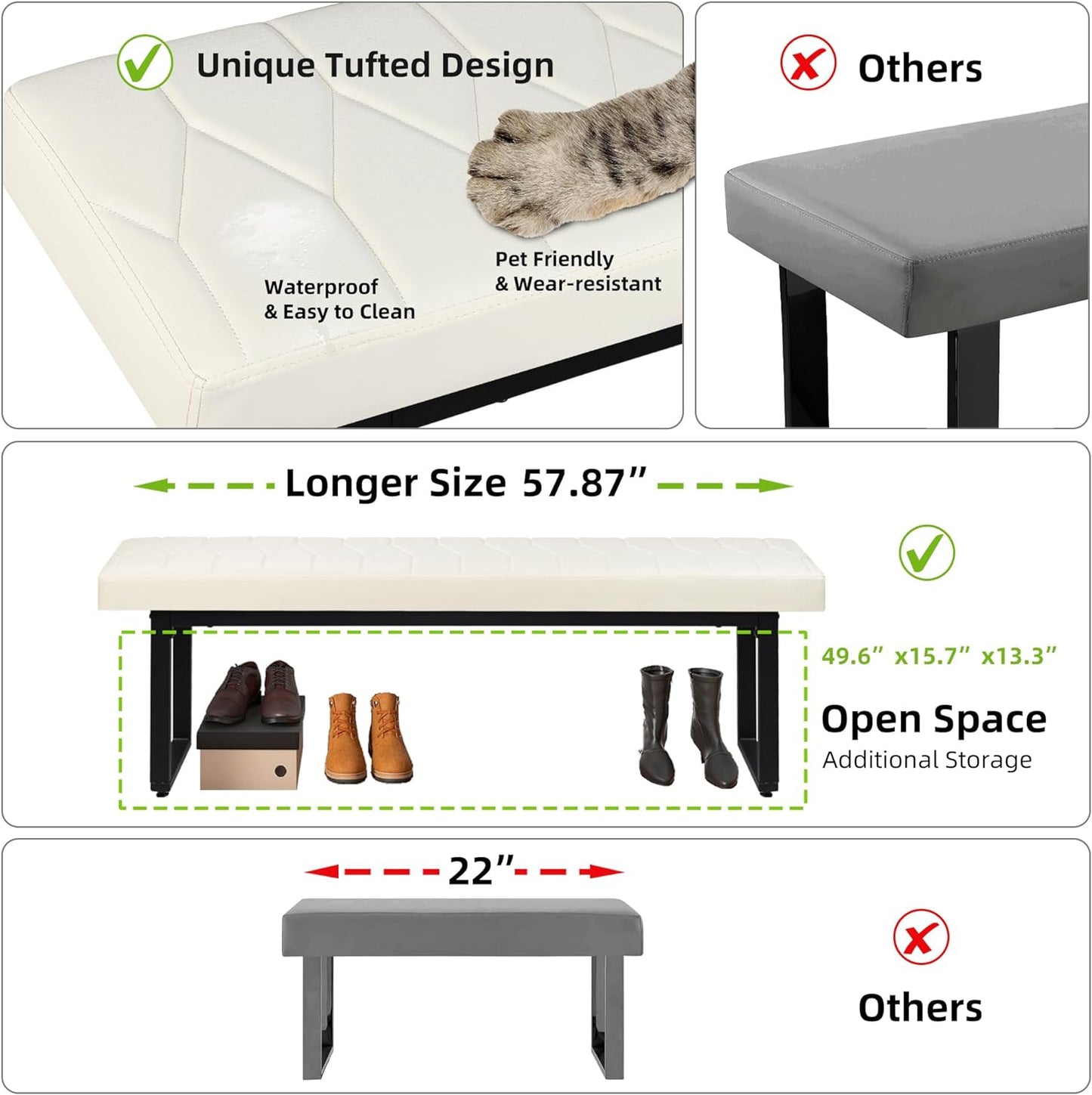 STHOUYN 58” Padded Dining Table Bench Pair of 2 for 6-8 Person, Faux Leather Indoor Cushioned Bench, Extra Long Bench for Dining Room Table, Bedside Bench, Shoe Bench, Entryway Bench (White, 58")