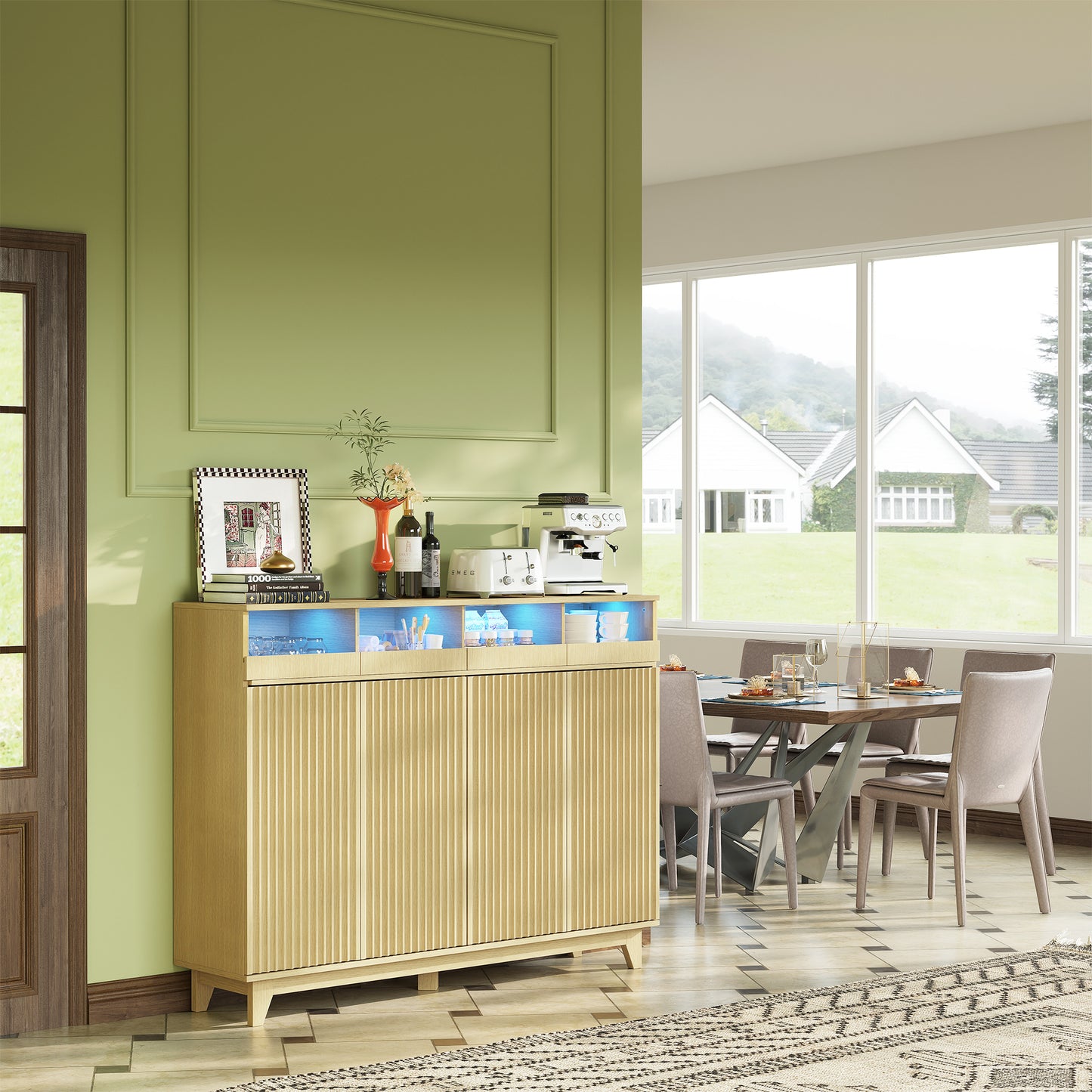 STHOUYN Sideboard Buffet Cabinet with Charging Station LED Lights, Side Board Credenza Storage Cabinet, Modren Kitchen Buffet Table with Drawers, Wood Dining Room Sideboards (Natural Oak)
