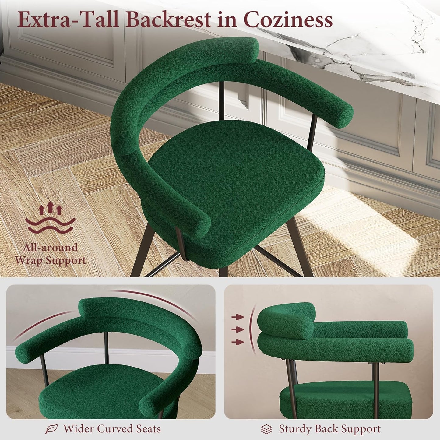 STHOUYN 26” Swivel Bar Stools Set of 4, Green Modern Boucle Counter Height Bar Stools with High Back and Metal Legs, Upholstered Bar Chairs Barstools for Kitchen Island, Dining Room (4, Green)