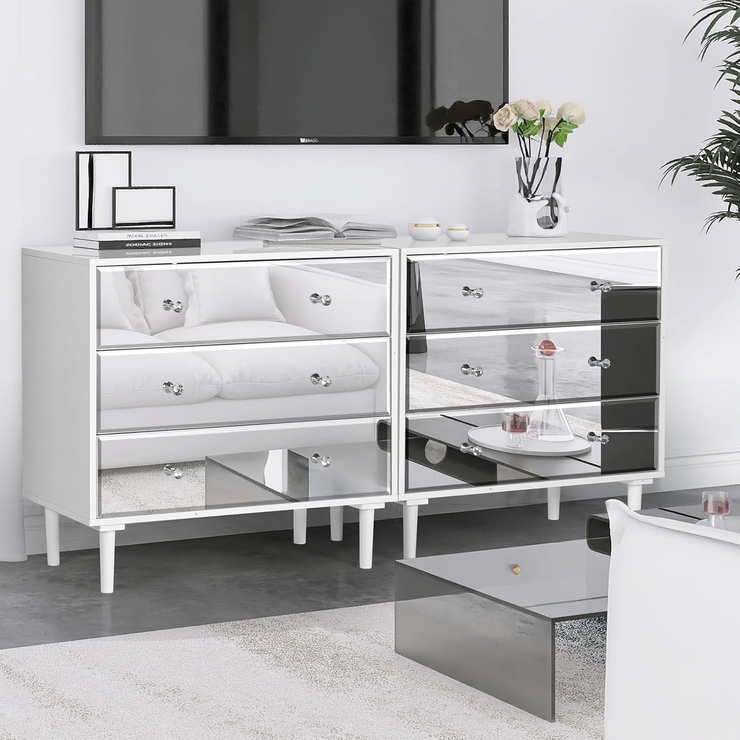 STHOUYN 3 Chest of Drawers for Bedroom Wood, White Mirrored Dresser 3 Drawer for Bedroom, Small Modern Dresser for Closet Living Room (White)
