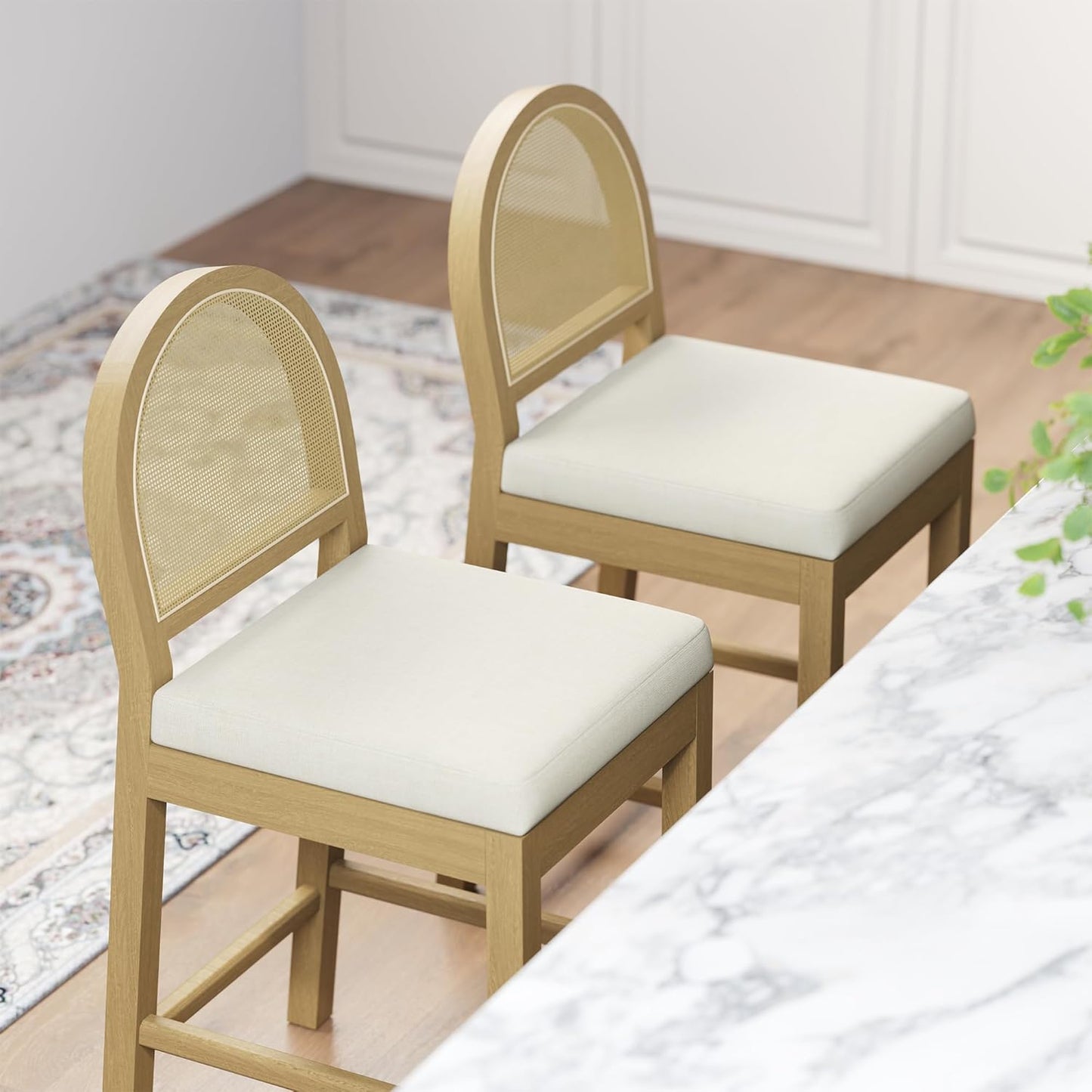 STHOUYN Upholstered Rattan Bar Stools Set of 4, Wooden Counter Height Stools with Natural Rattan Woven Back and Chenille Seat, Mid-Century Modern Island Chairs Barstools for Kitchen (4, Cream White)