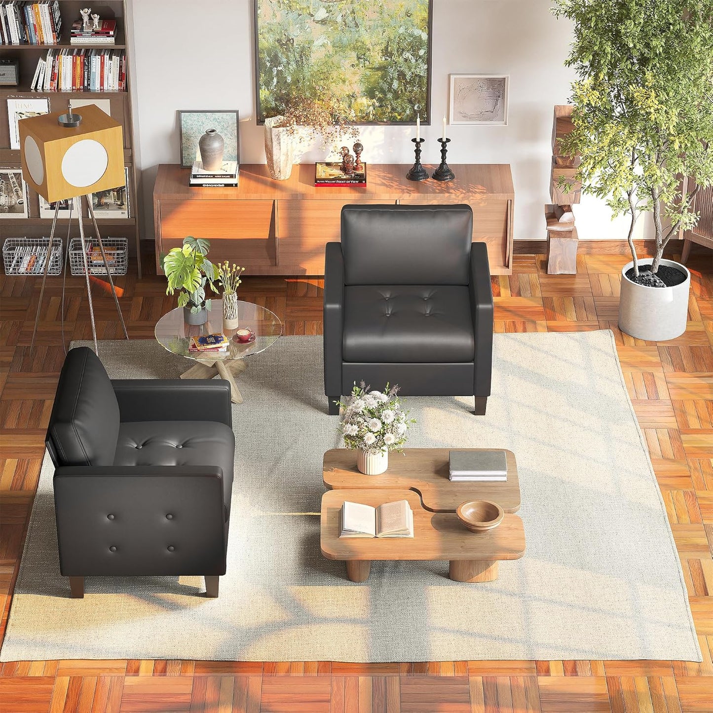 STHOUYN Accent Chair, Black Faux Leather Chair, Mid-Century Modern Living Room Chairs, Cozy Office Reading Chair with Tufted Seat and Armrest, Reception Armchairs for Bedroom, Waiting Room (1)