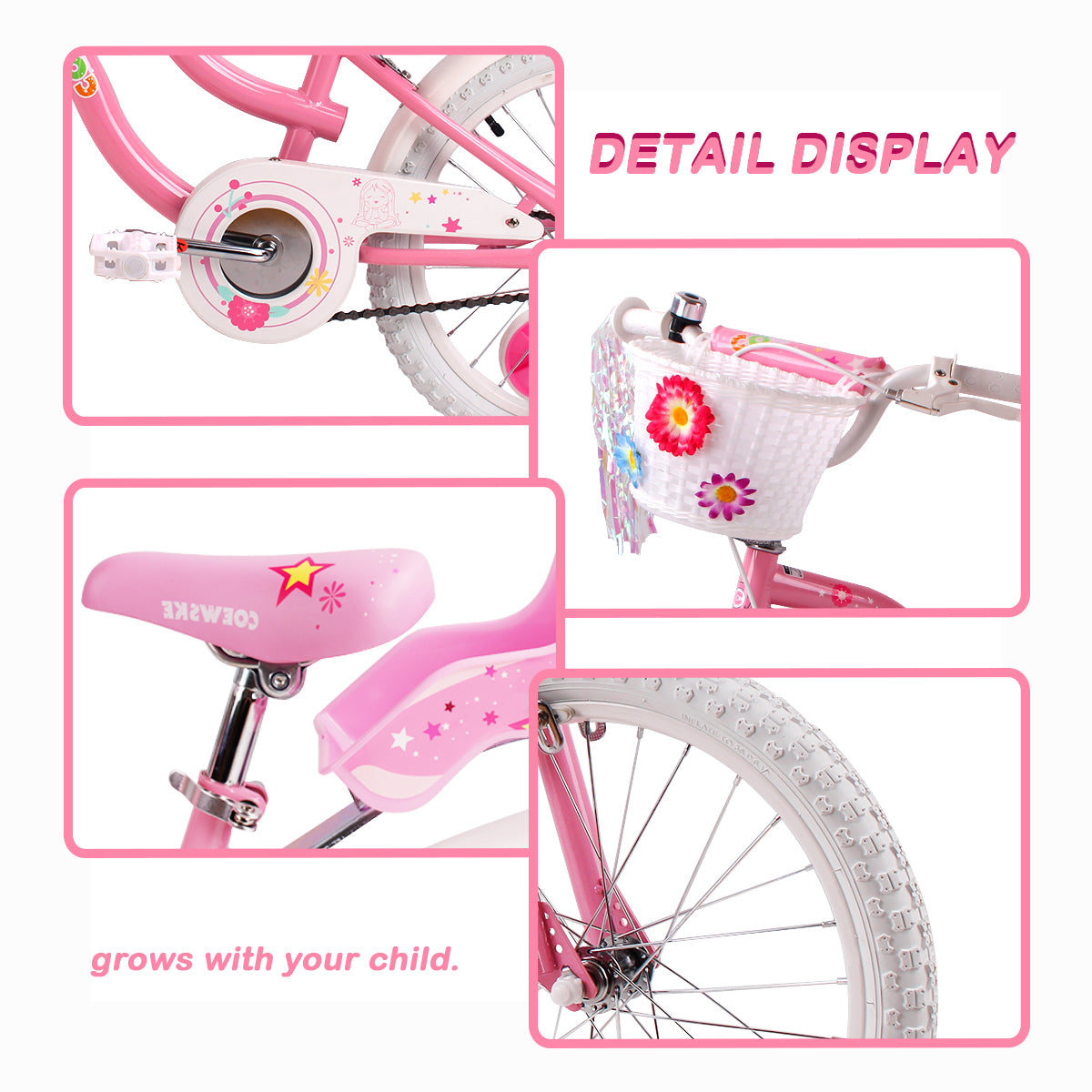 COEWSKE Kid's Bike Steel Frame Children Bicycle Little Princess Style 20 Inch with Kickstand, Pink