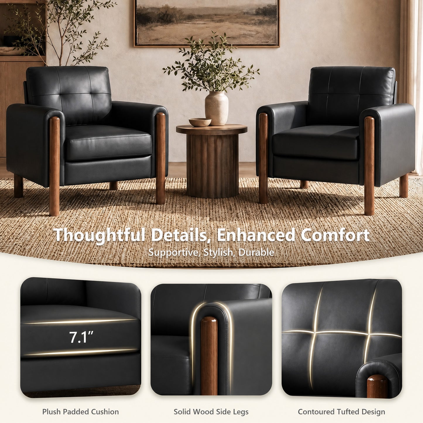 STHOUYN 35" Black Leather Oversized Accent Chair Set of 2 with Wood Armrests, Mid-Century Modern Tufted Living Room Chair, Comfy Reading Chair with Lumbar Support & Thick Cushion Waiting Room Office