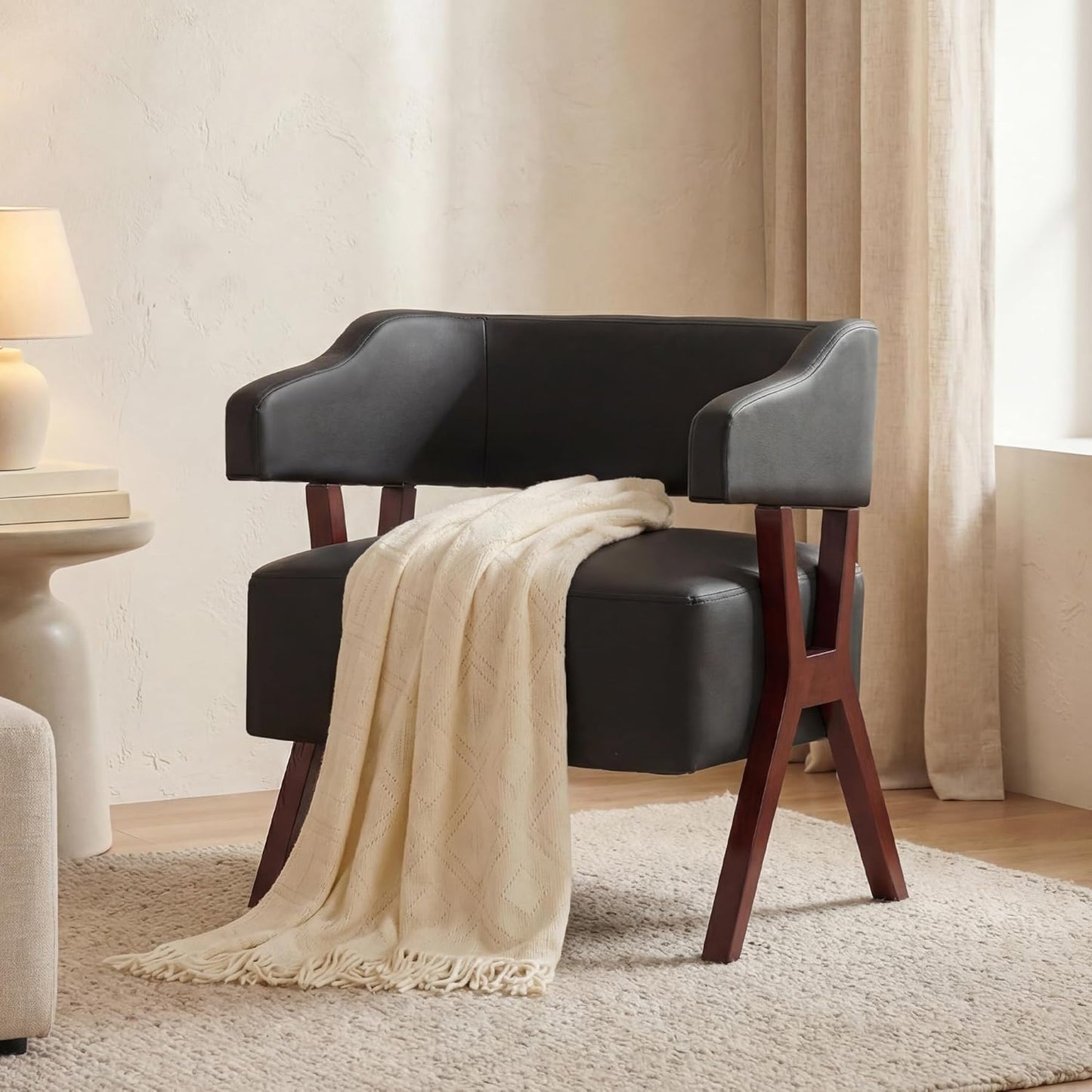 STHOUYN Leather Accent Chairs, Barrel Chair with Solid Wood Frame, Mid-Century Modern Wooden Armchair with Wraparound Back, Comfy Office Reading Chair for Living Room, Bedroom (1, Black)