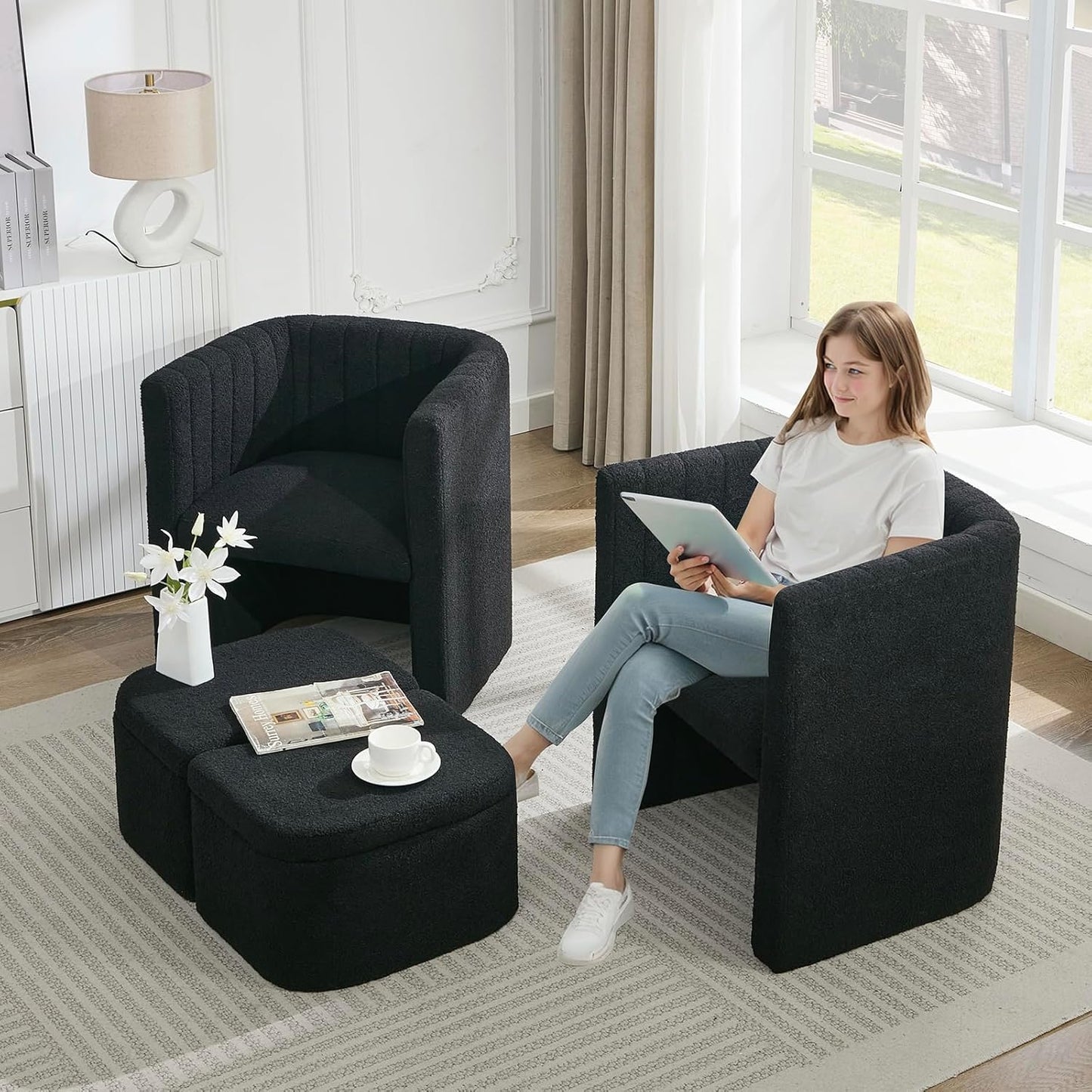 STHOUYN Barrel Accent Chair with Storage Ottoman, Comfy Reading Chair with Ottoman, Bedroom Corner Chair Bucket Arm Chairs, Living Room Chairs (2, Black)