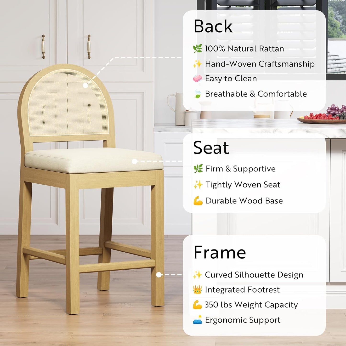 STHOUYN Upholstered Rattan Bar Stools Set of 3, Wooden Counter Height Stools with Natural Rattan Woven Back and Chenille Seat, Mid-Century Modern Barstools Island Chairs for Kitchen