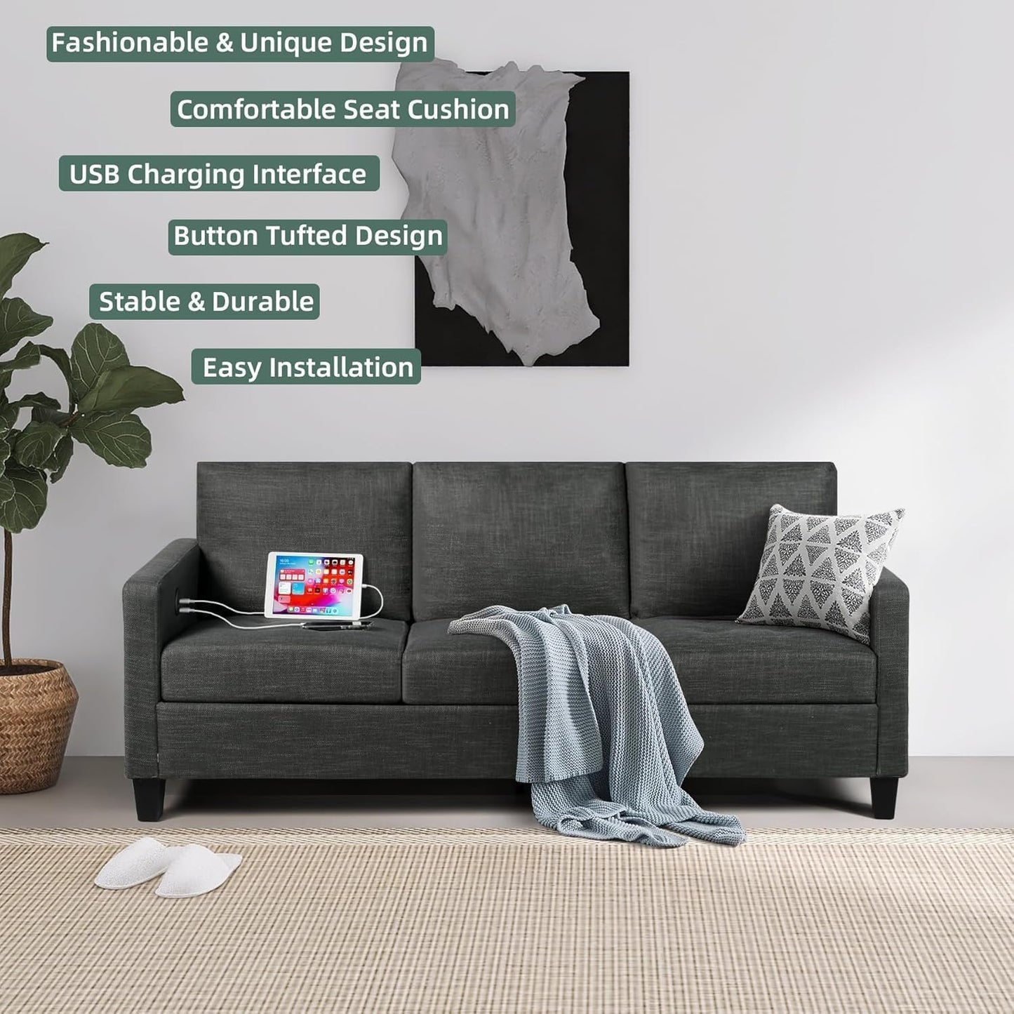 STHOUYN 72" W 3 Seater Couch with USB Ports, Grey Comfy Sofa Couches for Small Spaces, Mid Century Modern Couch Loveseat for Living Room, Bedroom, Apartment (Dark Grey)