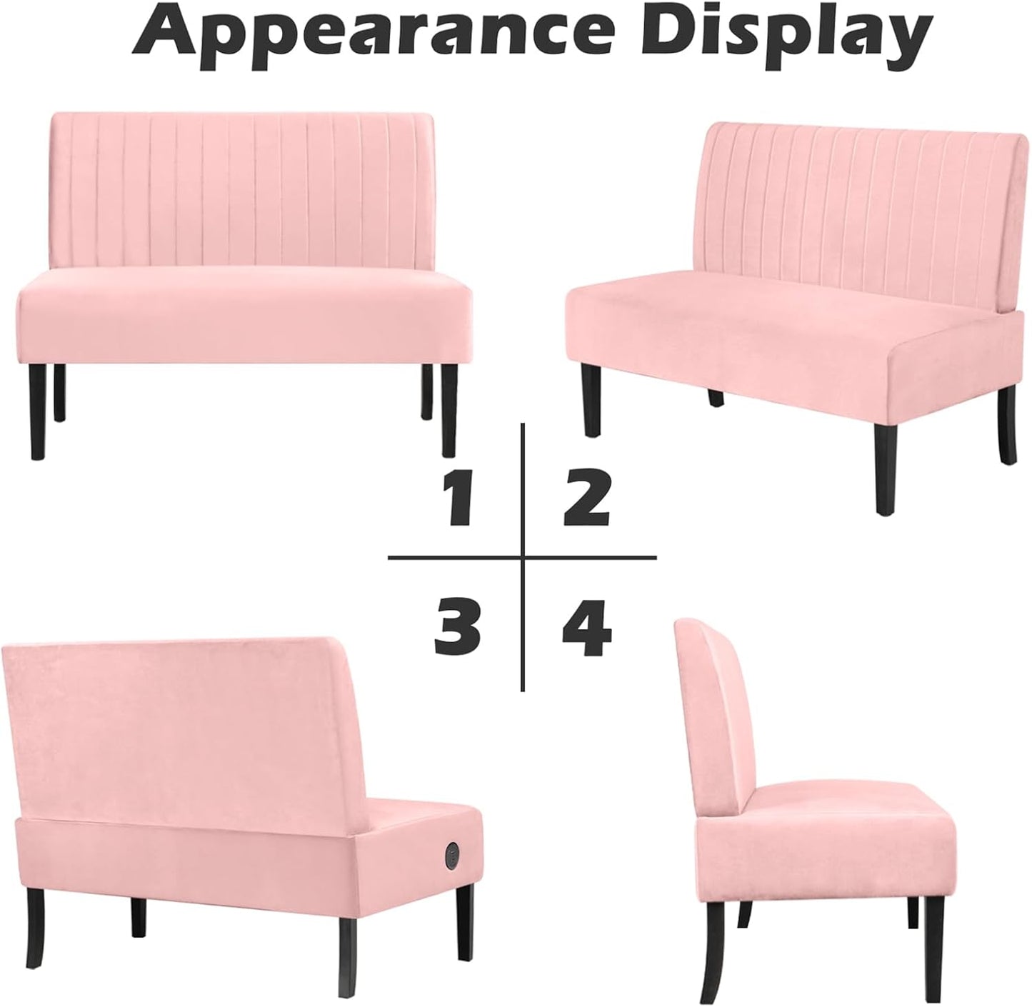 STHOUYN Mini Small Comfy Couch Armless Loveseat Sofa for Bedroom with USB Port, Velvet Small Couches for Small Spaces Living Room, Apartment Office Dorm (Pink)