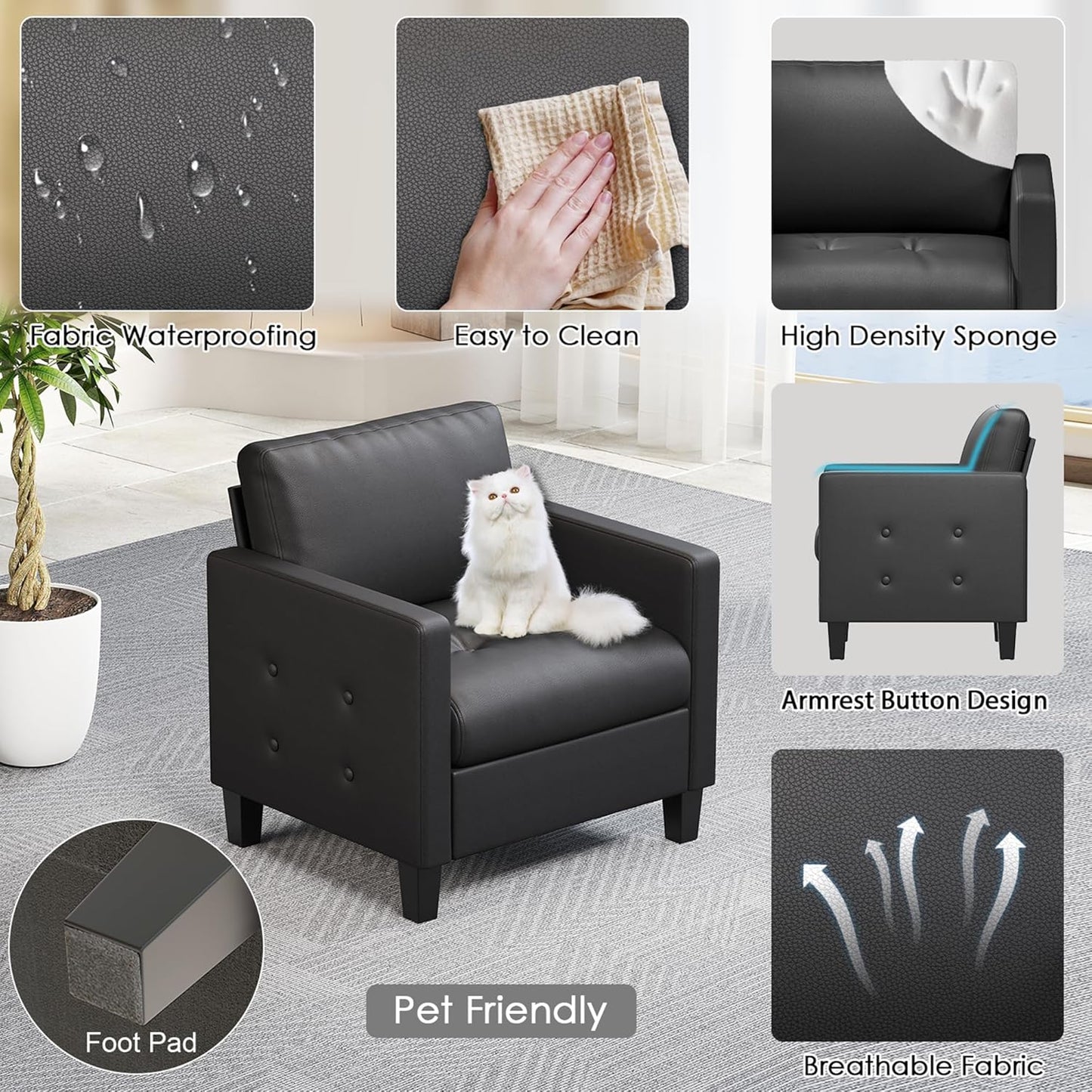 STHOUYN Accent Chair, Black Leather Chair, Mid-Century Modern Living Room Chairs, Cozy Office Reading Chair with Tufted Seat and Armrest, Reception Armchairs for Bedroom, Waiting Room