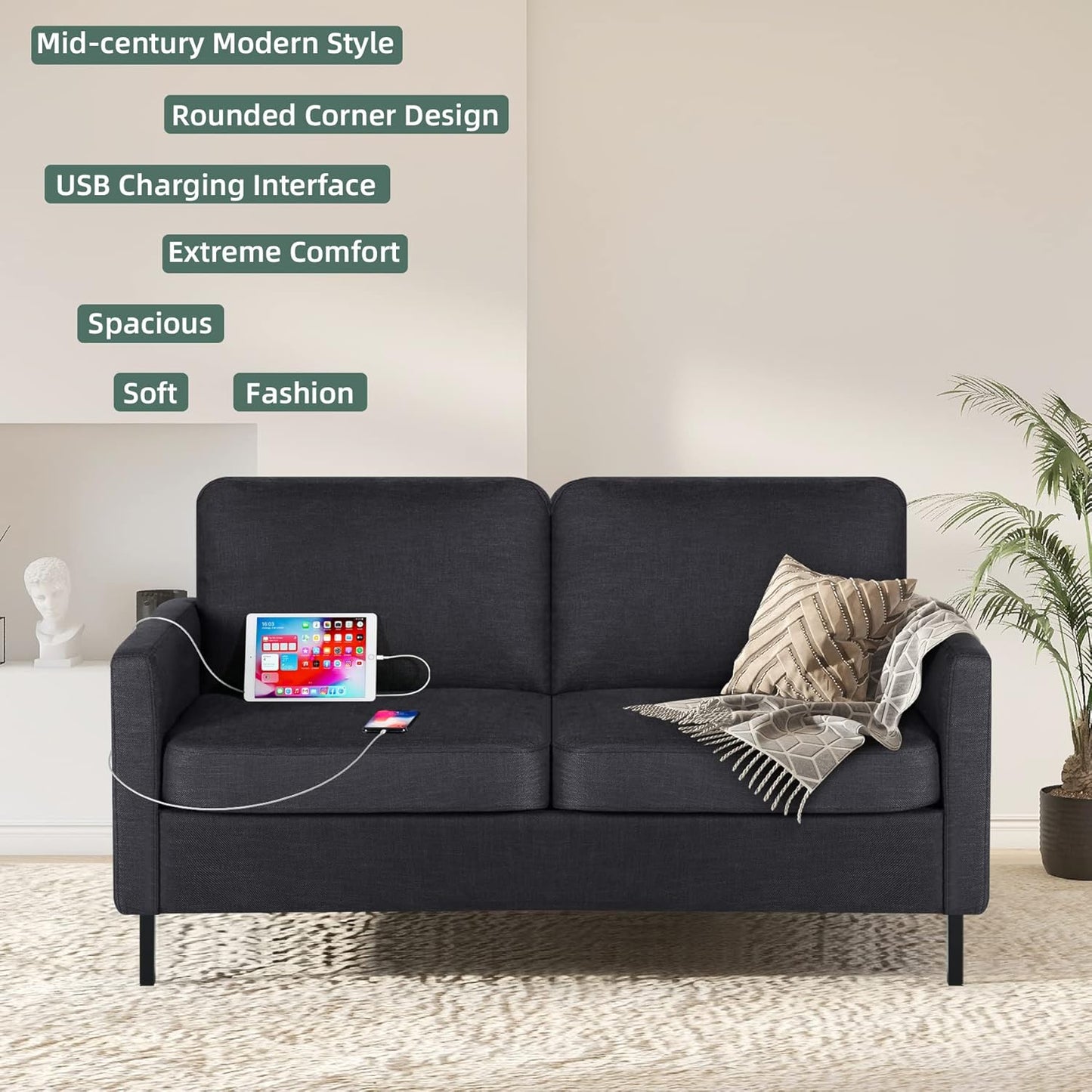 STHOUYN 56" W Fabric Love Seat Couches w/2 USB, Small Couches for Small Spaces w/ 2 Side Pocket, 2 Seat Loveseat Mini Couch for Office, Dorm, Bedroom