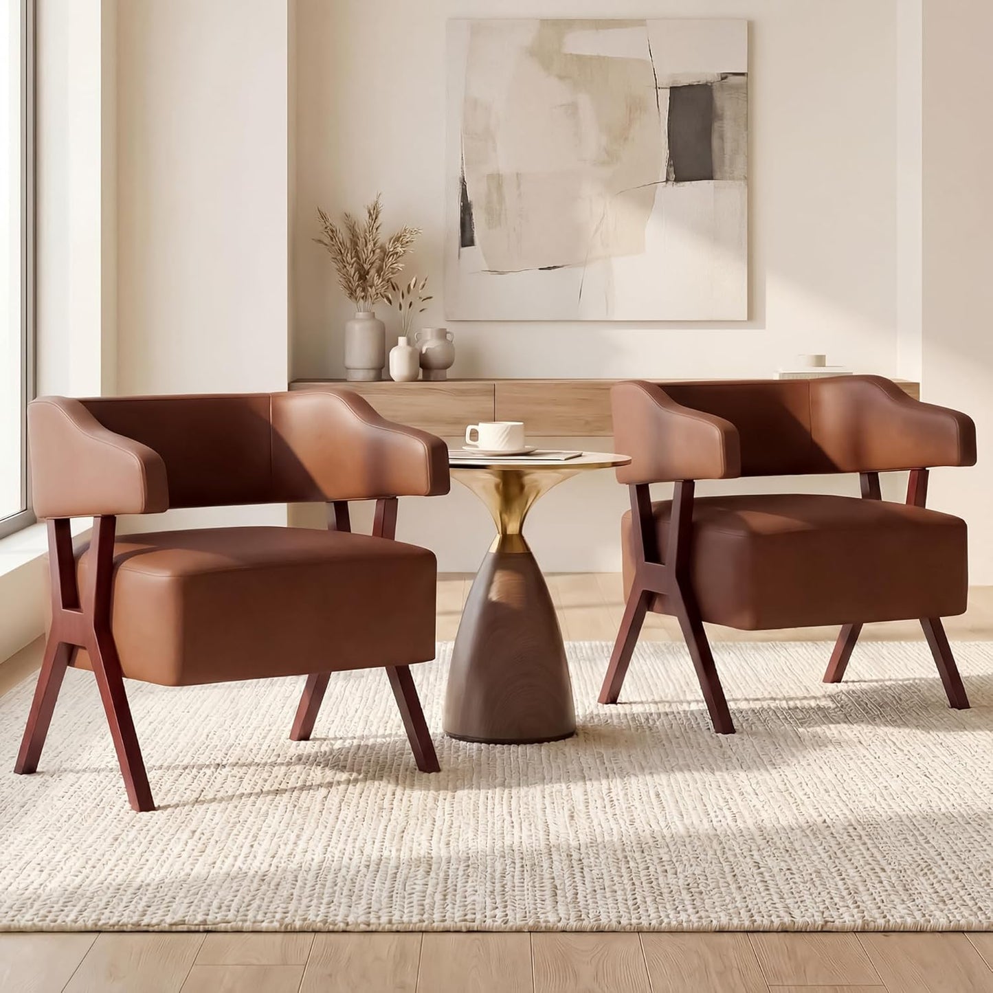 STHOUYN Leather Accent Chairs, Barrel Chair with Solid Wood Frame, Mid-Century Modern Wooden Armchair with Wraparound Back, Comfy Office Reading Chair for Living Room, Bedroom (2, Brown)