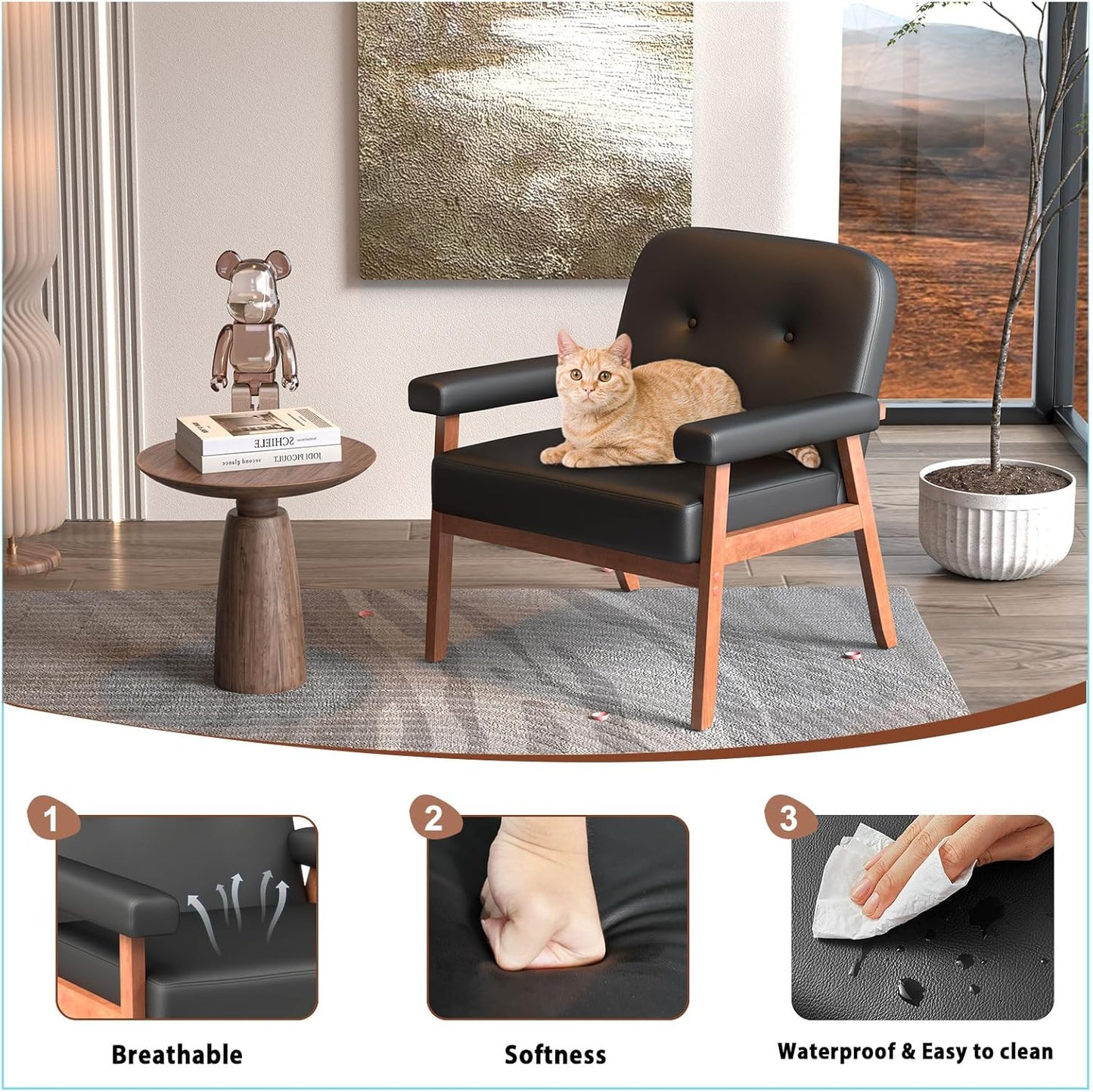 JIASTING Faux Leather Black Accent Chairs Set of 2 for Office, Mid Century Modern Waiting Room Chairs, Small Comfy Arm Chairs Set of 2 for Small Spaces, Living Room, Bedroom (2)