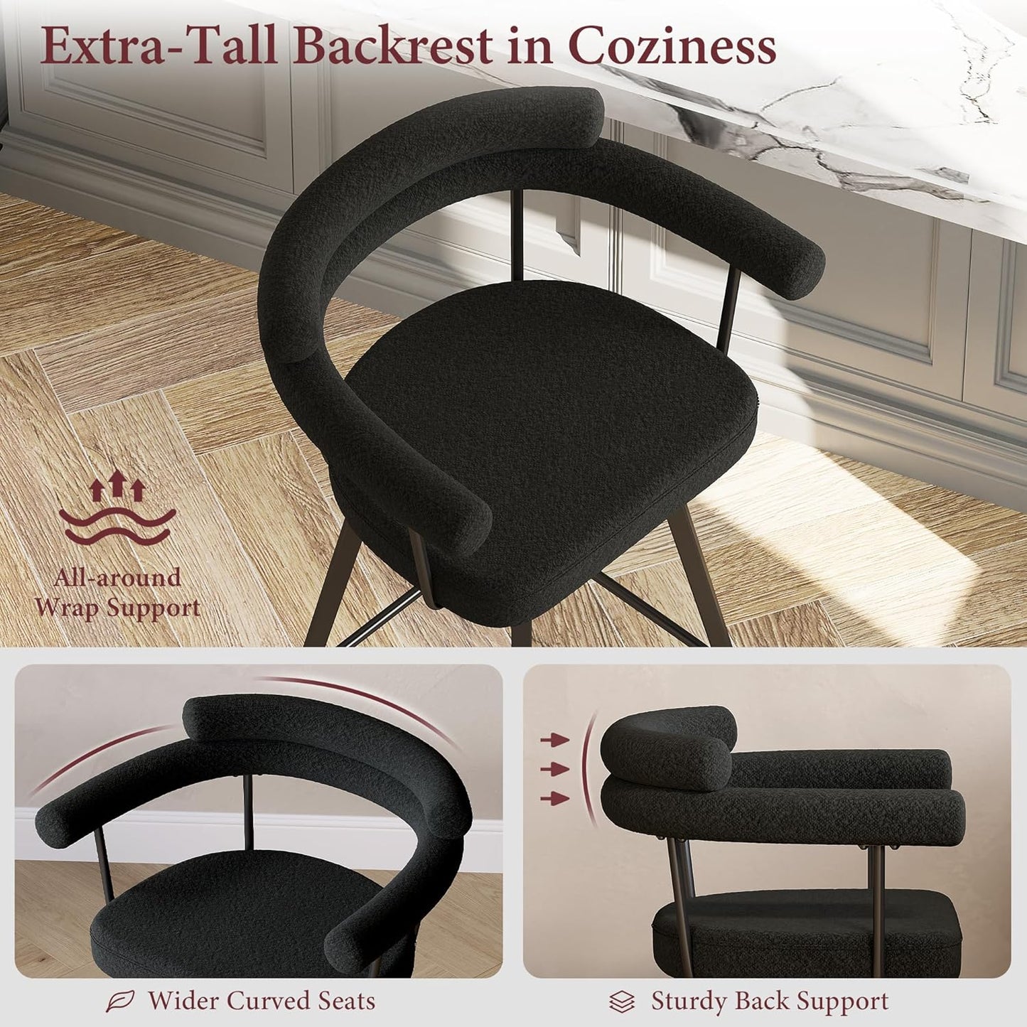 STHOUYN 26” Swivel Bar Stools Set of 2, Black Modern Boucle Counter Height Bar Stools with High Back and Metal Legs, Upholstered Bar Chairs Barstools for Kitchen Island, Dining Room (2, Black)