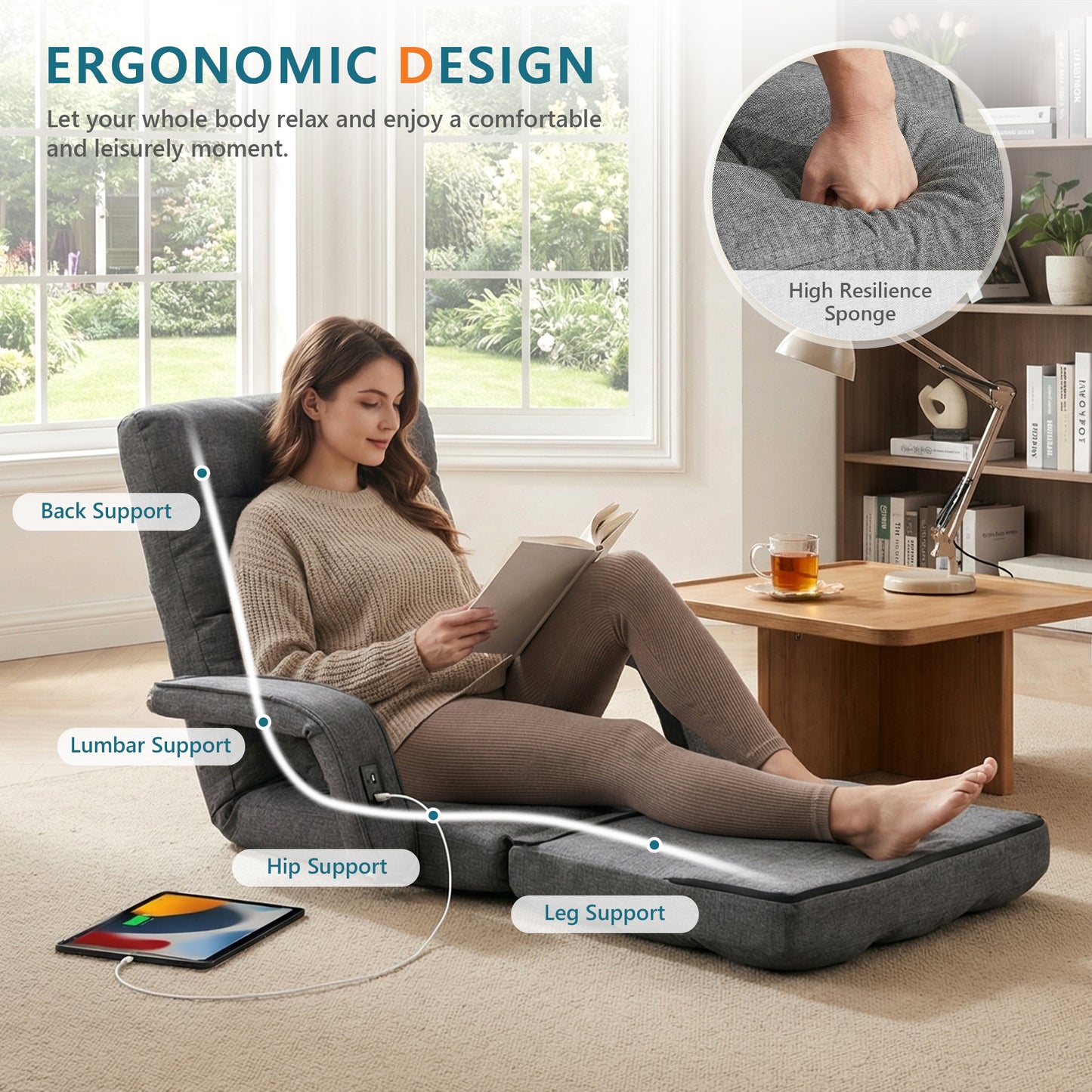 STHOUYN Comfy Floor Chair, Gaming Lounge Couch Chair Bed with 2 USB Charger & 5-Position Adjustable Back, Lazy Folding Sofa Bed, Convertible Sleeper Chair for Living Room, Bedroom, Dorm (Grey)