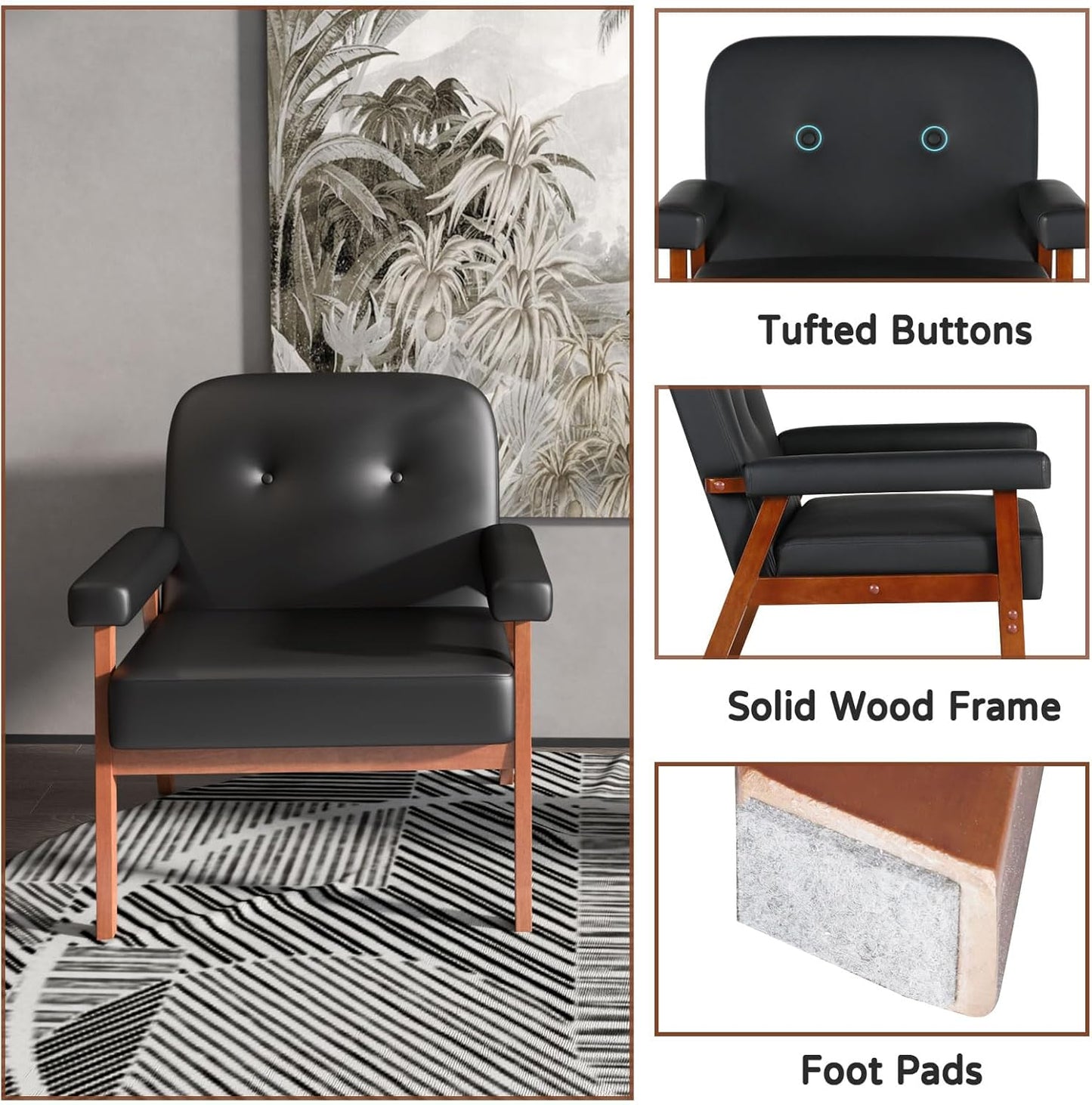 JIASTING Faux Leather Black Accent Chairs Set of 2 for Office, Mid Century Modern Waiting Room Chairs, Small Comfy Arm Chairs Set of 2 for Small Spaces, Living Room, Bedroom (2)