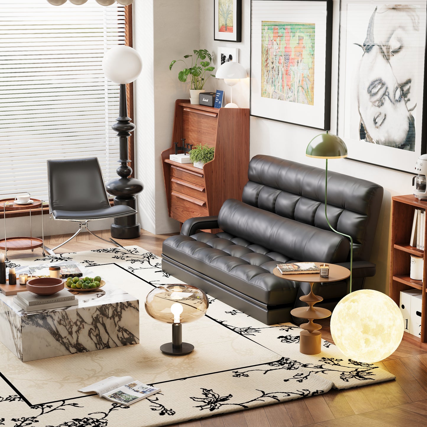 STHOUYN 6-Position Floor Lounge Sofa Bedroom Fold Out Couch, Floor Seating Bean Bag Bed RV No Bones Couch for Adults, Convertible Sleeper Memory Foam Lazy Sofa, Boneless Bed Furniture (Black Leather)