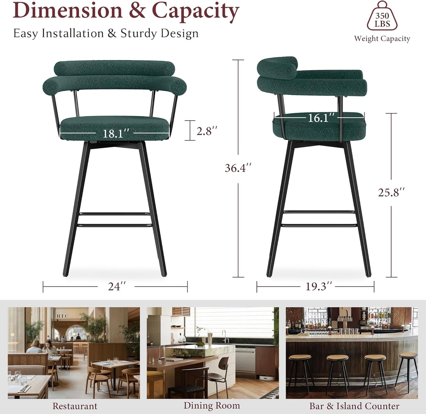 STHOUYN 26” Swivel Bar Stools Set of 4, Mid-Century Modern Boucle Counter Height Bar Stools with High Back and Metal Legs, Upholstered Bar Chairs Barstools for Kitchen Island, Dining Room (4, Green)