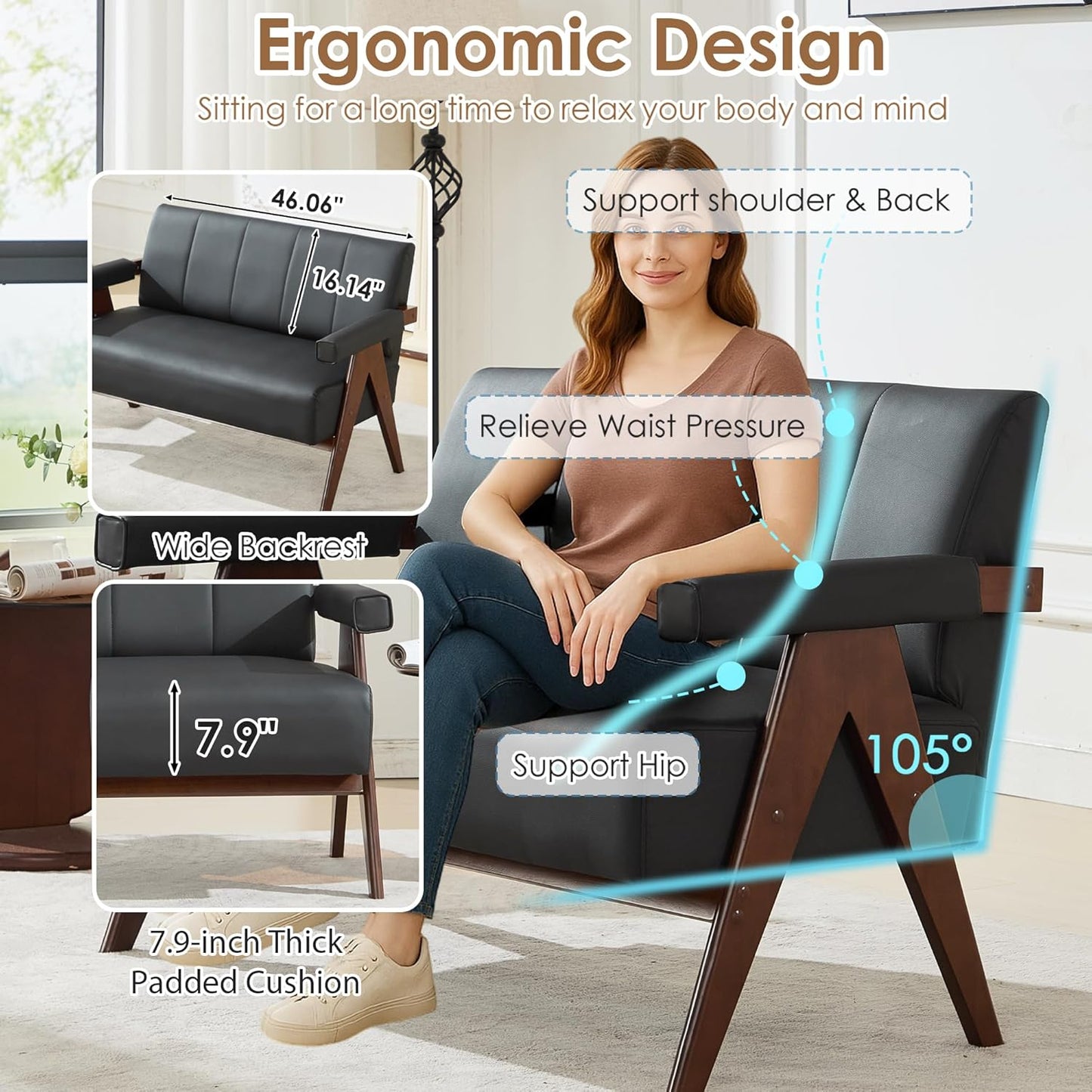 STHOUYN Black Leather Loveseat Sofa and Accent Chair, Mid-Century Modern Office Furniture Couch and Chair Set, Small Love Seat Couches with Wood Arm, 2 Pieces Living Room Furniture Sets (2)