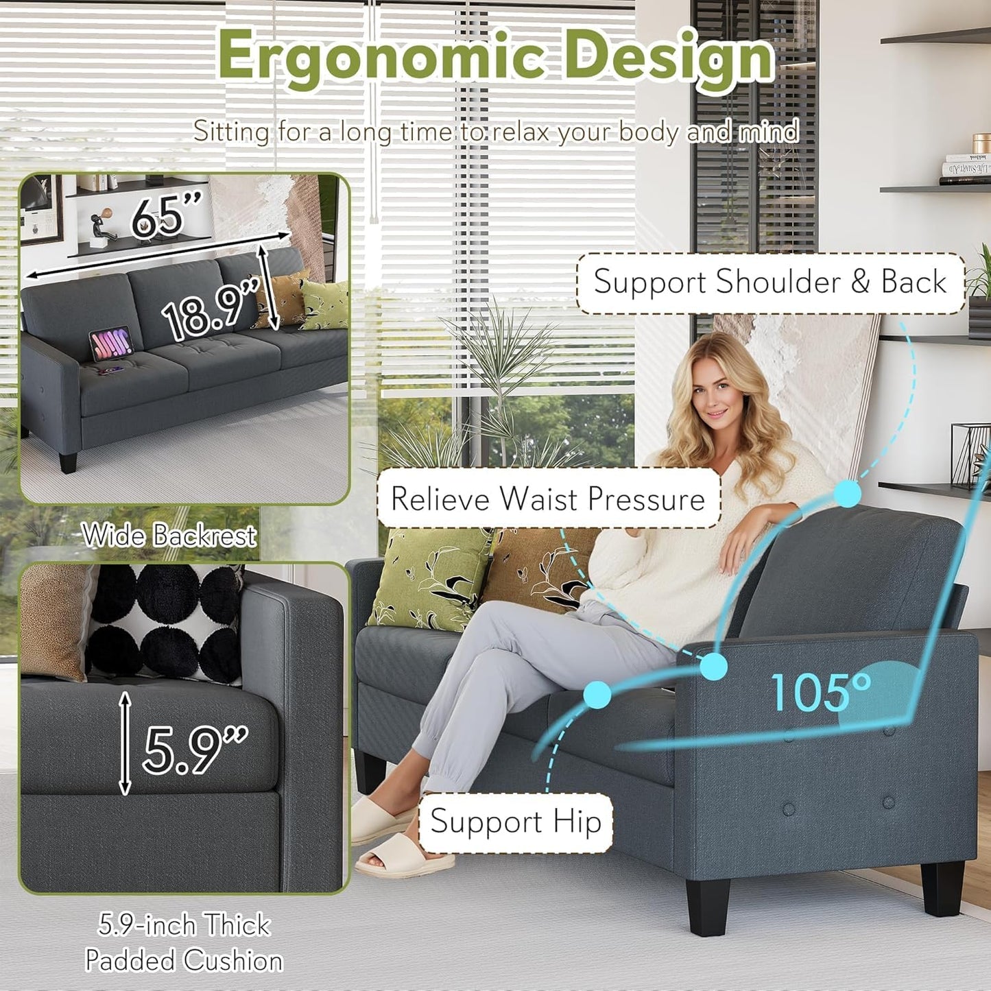 STHOUYN 73" W 3 Seater Sofa Couch with USB Ports, Grey Comfy Couches for Small Spaces, Mid Century Modern Couch Loveseat for Living Room, Apartment, Bedroom (Dark Grey)