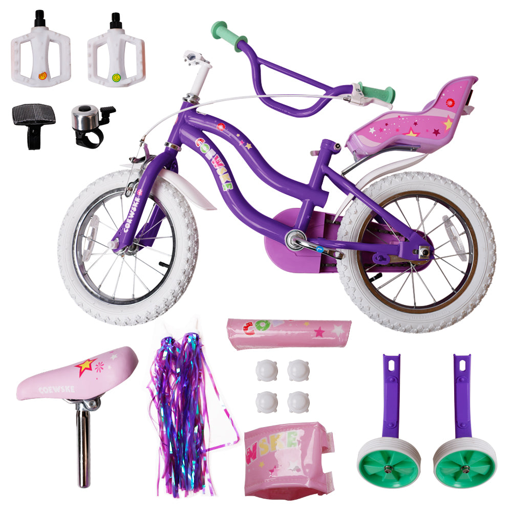COEWSKE Kid's Bike Steel Frame Children Bicycle Little Princess Style 16 Inch with Training Wheel, Purple