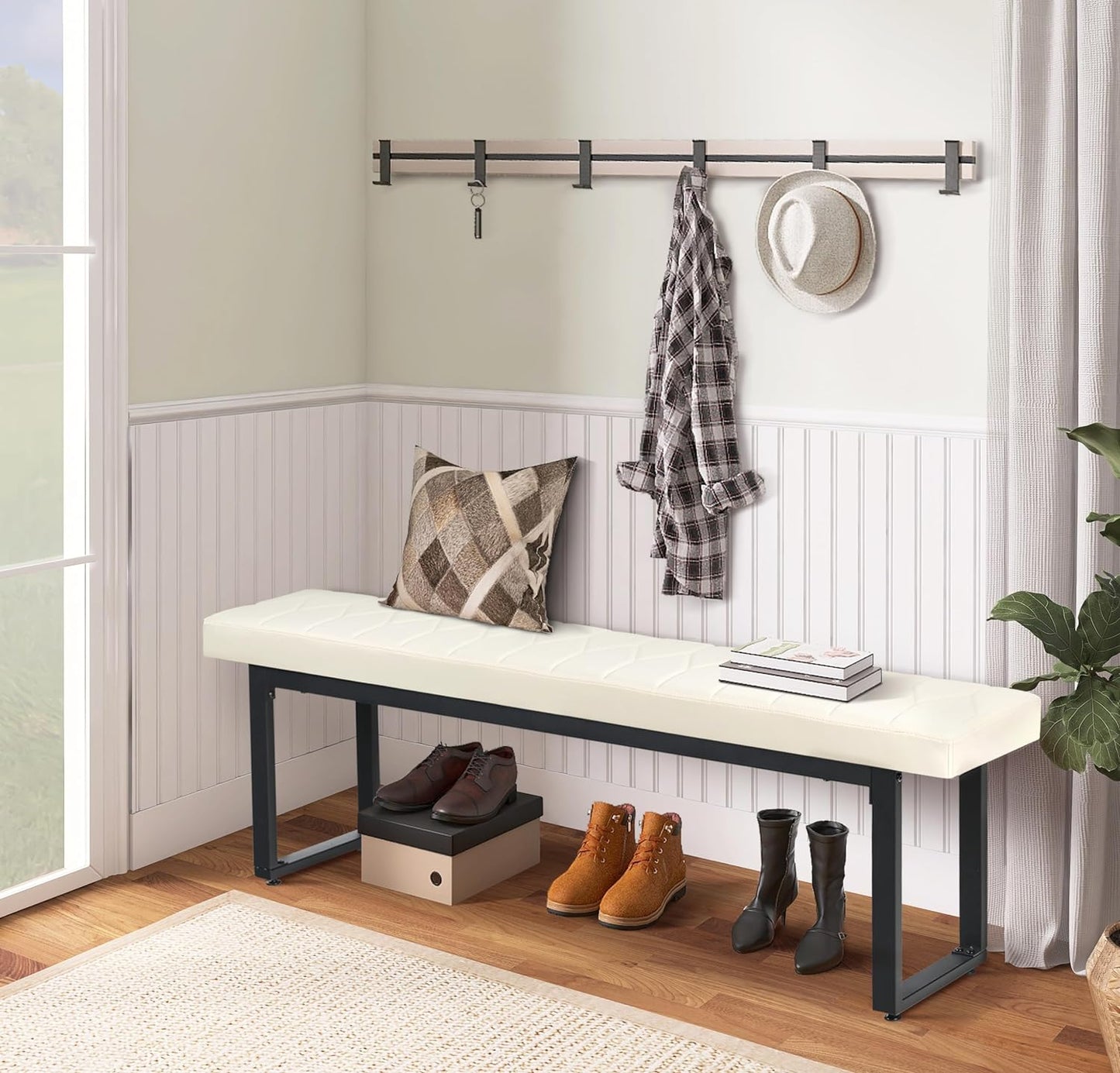 STHOUYN 58” Padded Dining Table Bench Pair of 2 for 6-8 Person, Faux Leather Indoor Cushioned Bench, Extra Long Bench for Dining Room Table, Bedside Bench, Shoe Bench, Entryway Bench (White, 58")