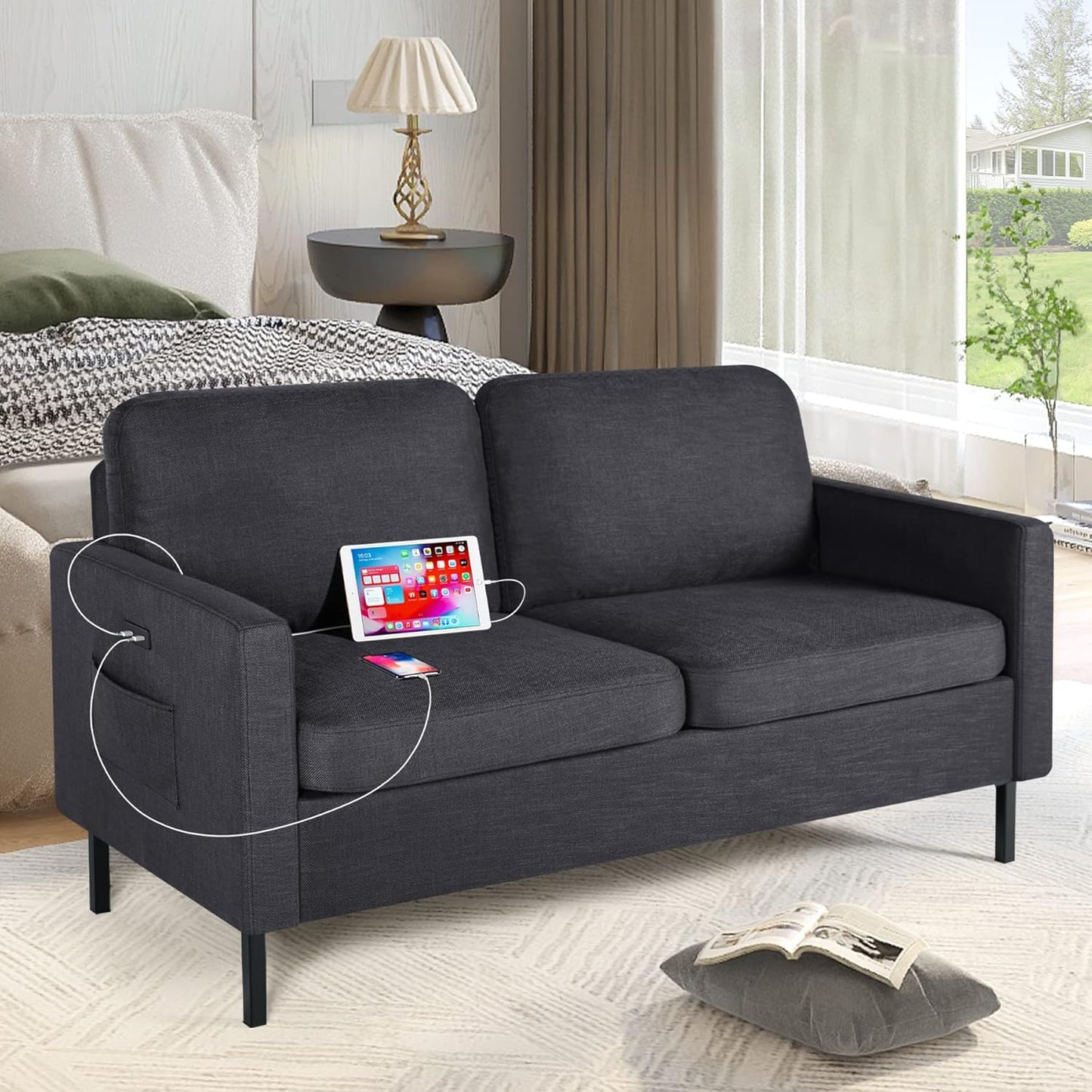STHOUYN 56" W Fabric Love Seat Couches w/2 USB, Small Couches for Small Spaces w/ 2 Side Pocket, 2 Seat Loveseat Mini Couch for Office, Dorm, Bedroom