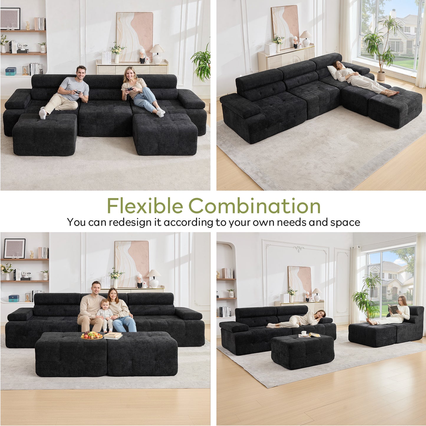 STHOUYN 100" Modular Cloud Sofa Sectional Couch with Ottoman & Higher Backrest, Modern Boneless Couches for Living Room Set Corner Sofa (Black, 99 Inches)