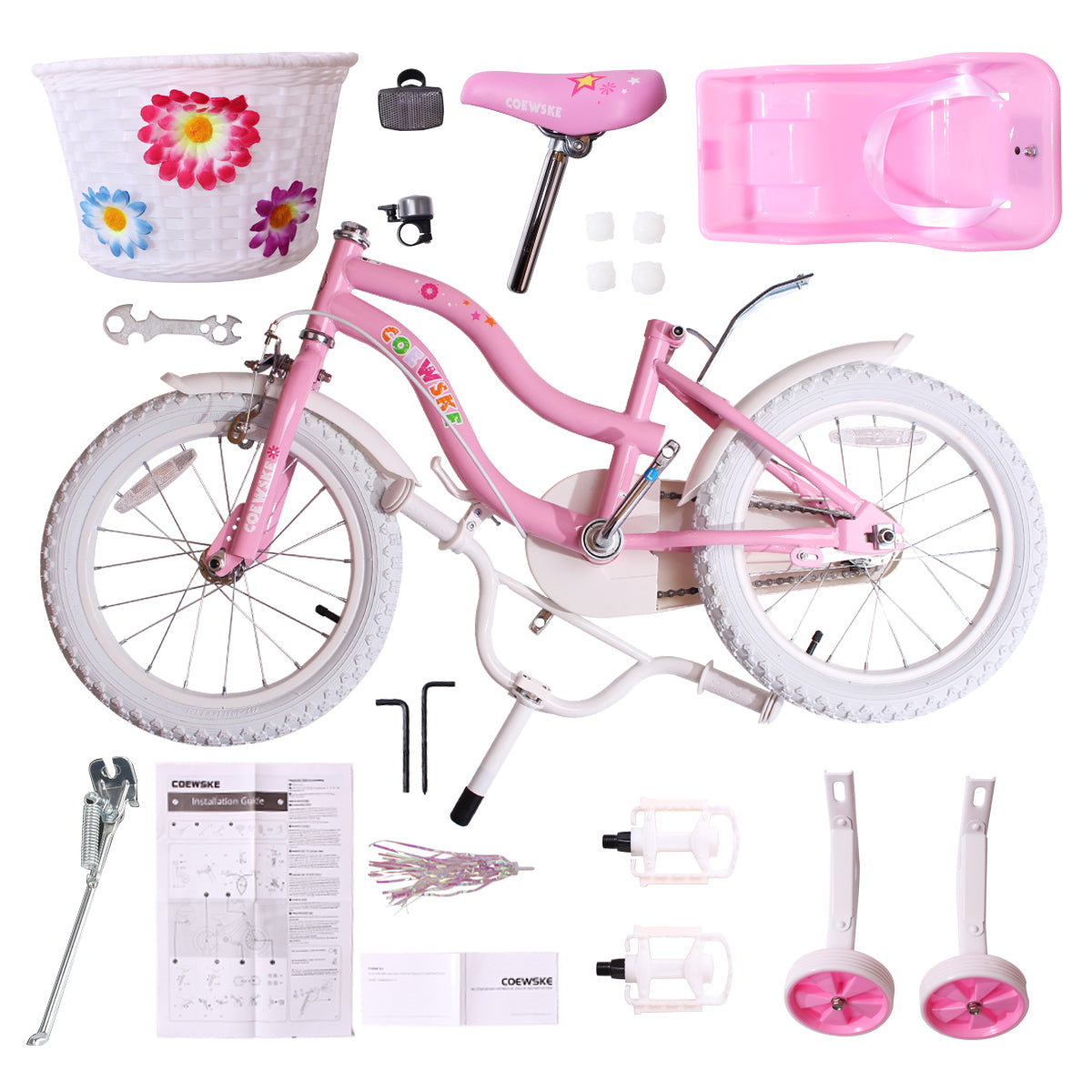 COEWSKE Kid's Bike Steel Frame Children Bicycle Little Princess Style 18 Inch with Training Wheel, Pink