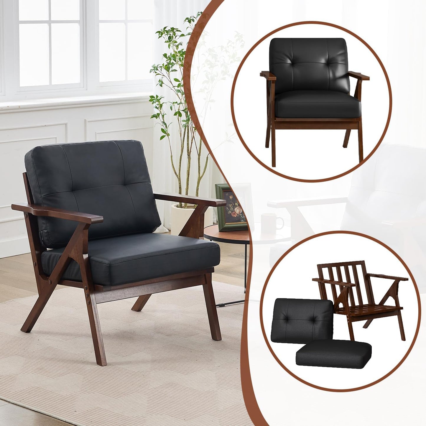 JIASTING Black Leather Accent Chair Set of 2, Mid Century Modern Accent Chair, Office Guest Waiting Room Chairs for Living Room, Bedroom, Wood Frame & Easy Assembly (2)
