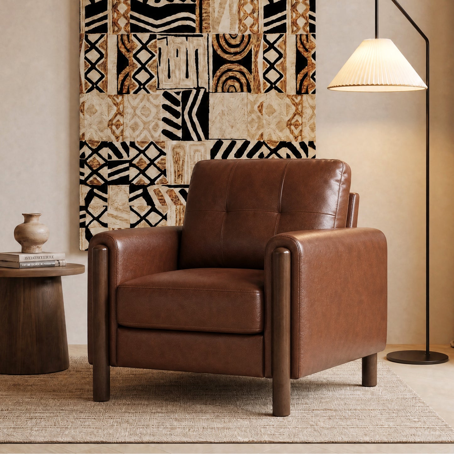 STHOUYN Brown Leather Oversized Accent Chair with Wood Armrests, Mid-Century Modern Tufted Living Room Chair, Comfy Reading Chair with Lumbar Support & Thick Cushion Waiting Room Office