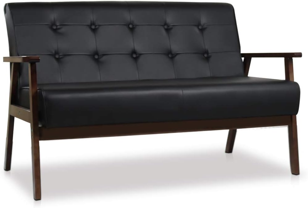 JIASTING Mid-Century Modern Solid Loveseat Sofa Upholstered Faux Leather Couch 2-Seat Wood Armchair Living Room/Outdoor Lounge Chair, Waiting Room Sofa, 50”W