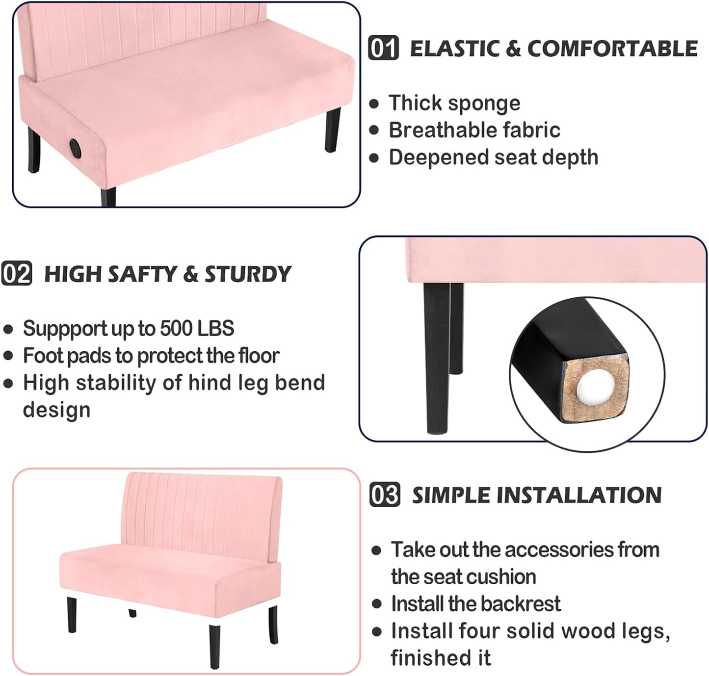 STHOUYN Mini Small Comfy Couch Armless Loveseat Sofa for Bedroom with USB Port, Velvet Small Couches for Small Spaces Living Room, Apartment Office Dorm (Pink)