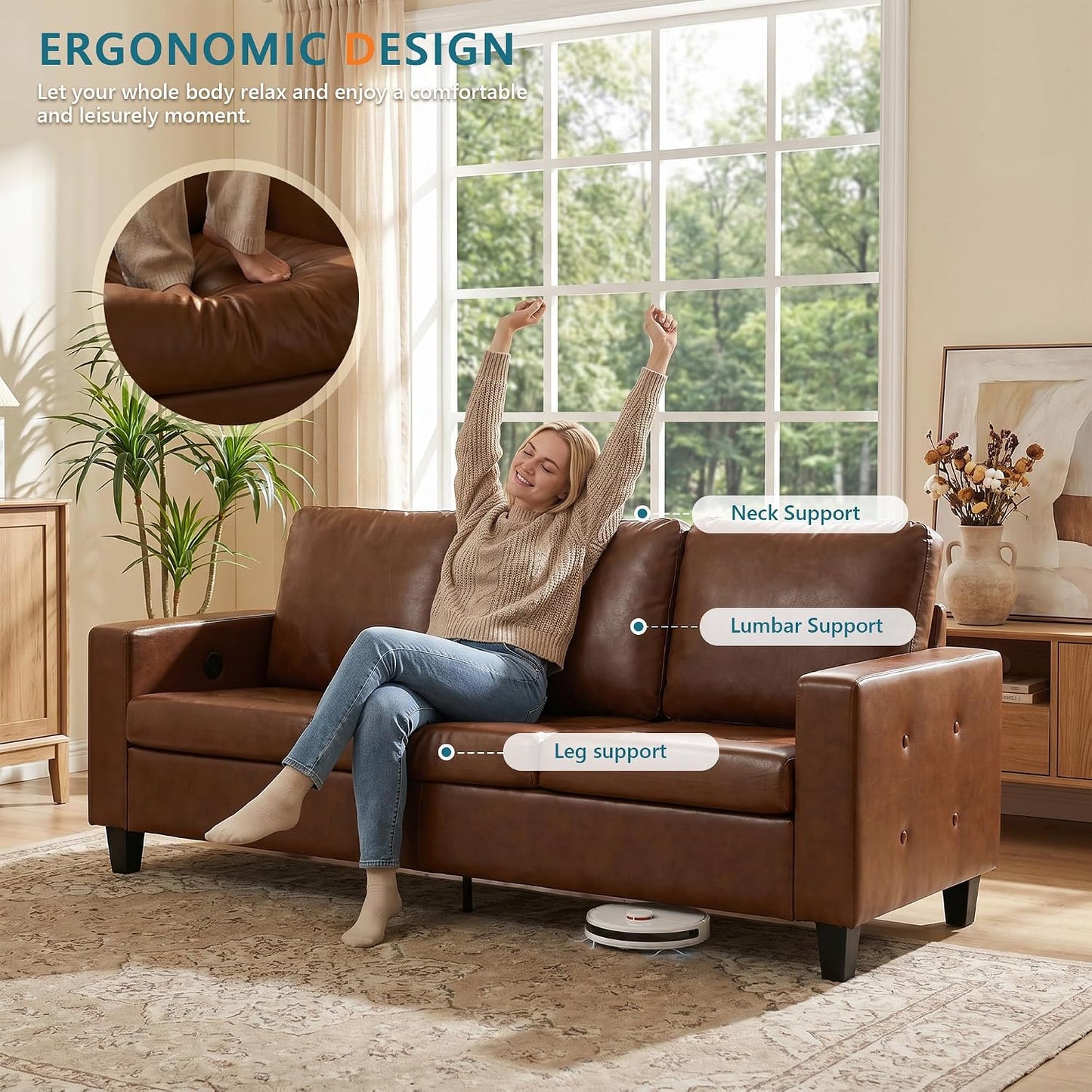 STHOUYN 73” Brown Faux Leather Couch, Tufted Comfy 3 Seater Sofa, Modern, Tufted Armrest, USB Charger, Small, Living Room, Office, Apartment, Bedroom