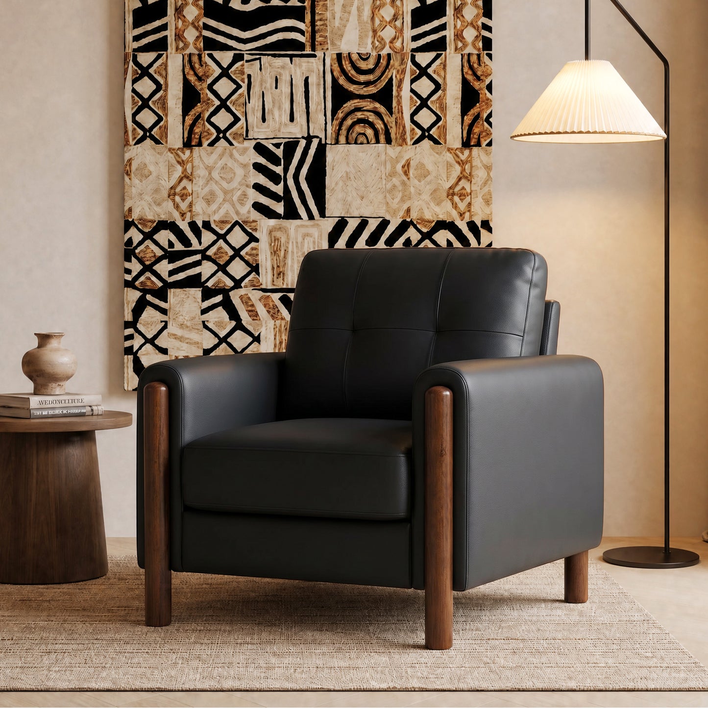 STHOUYN Black Leather Oversized Accent Chair with Wood Armrests, Mid-Century Modern Tufted Living Room Chair, Comfy Reading Chair with Lumbar Support & Thick Cushion Waiting Room Office