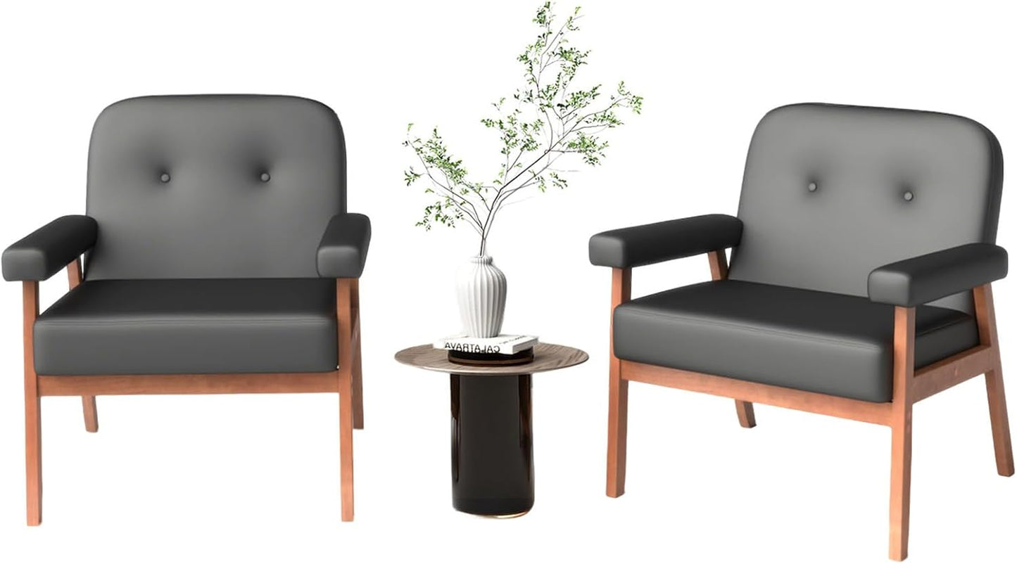 JIASTING Faux Leather Black Accent Chairs Set of 2 for Office, Mid Century Modern Waiting Room Chairs, Small Comfy Arm Chairs Set of 2 for Small Spaces, Living Room, Bedroom (2)