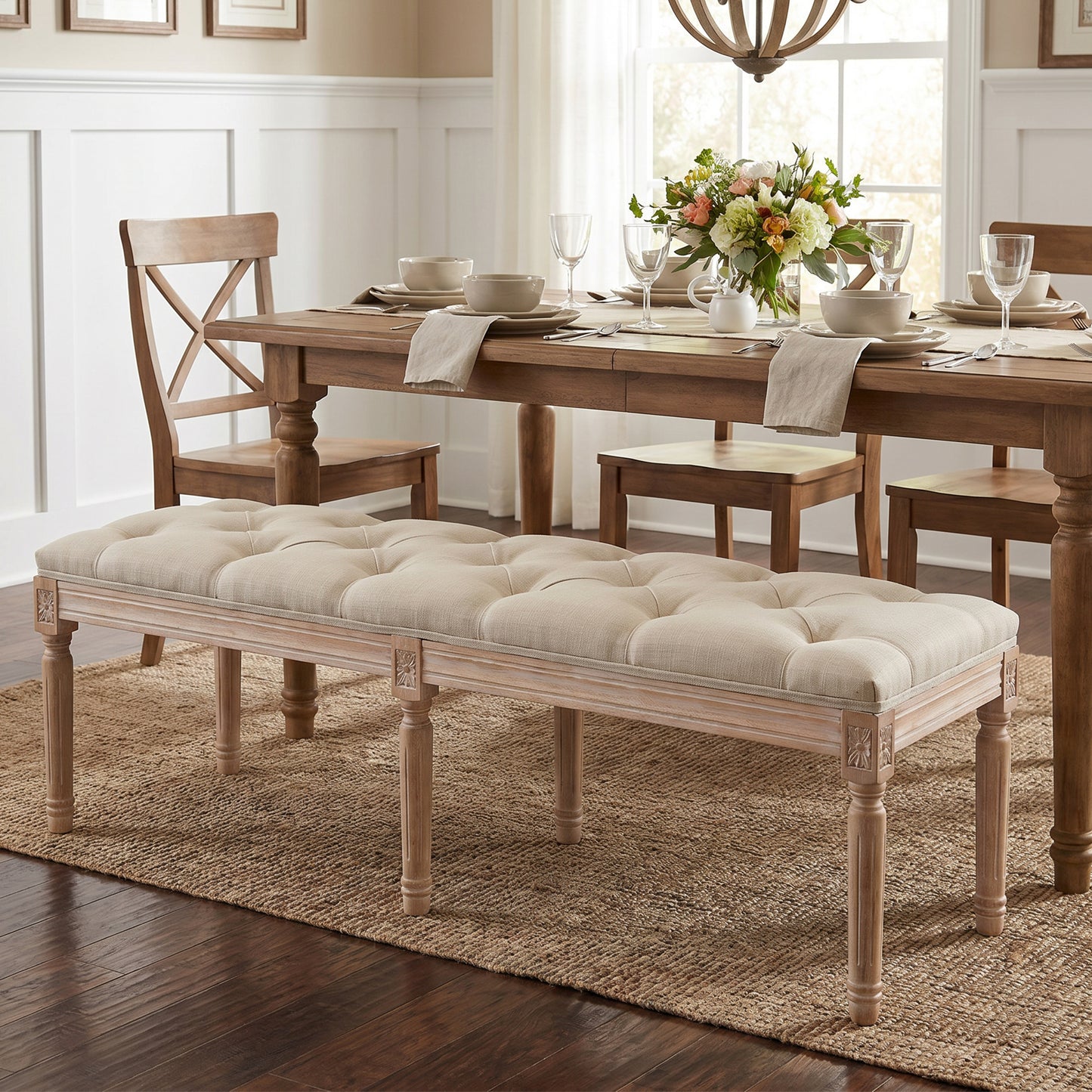 STHOUYN 47" Tufted Linen Dining Bench, Upholstered, Wood Carved Legs, Ivory