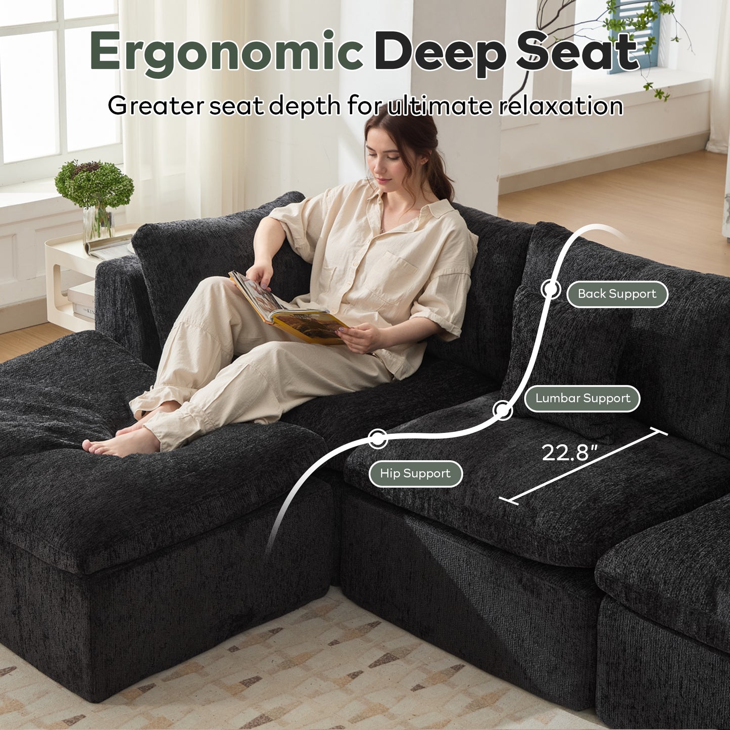 STHOUYN 145” Modern Black U Shape Sectional Couches for Living Room, Black Modular Cloud Sofa Boneless Couch with Ottoman, Comfy Big Oversized Corner Couch (Black, 4 Seater + 2 Ottoman)