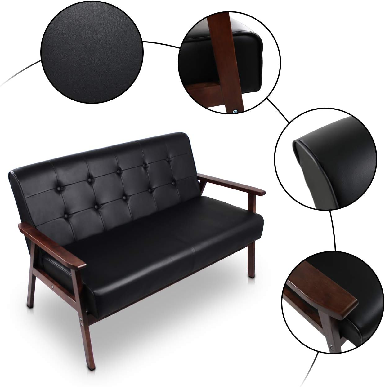 JIASTING Mid-Century Modern Solid Loveseat Sofa Upholstered Faux Leather Couch 2-Seat Wood Armchair Living Room/Outdoor Lounge Chair, Waiting Room Sofa, 50”W