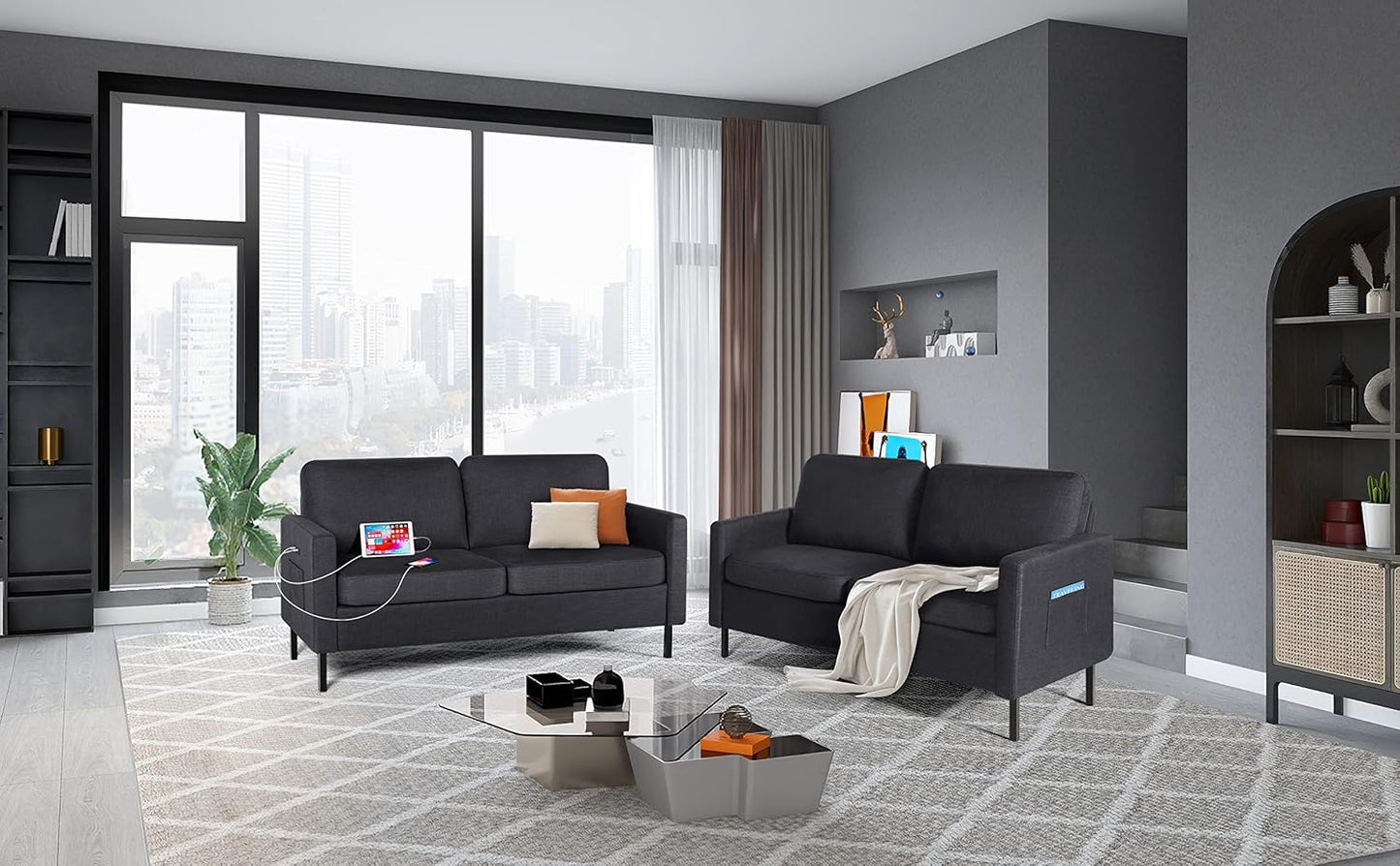 STHOUYN 56" W Fabric Love Seat Couches w/2 USB, Small Couches for Small Spaces w/ 2 Side Pocket, 2 Seat Loveseat Mini Couch for Office, Dorm, Bedroom