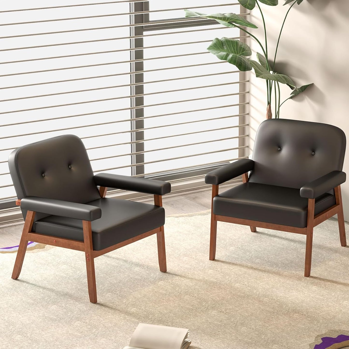 JIASTING Faux Leather Black Accent Chairs Set of 2 for Office, Mid Century Modern Waiting Room Chairs, Small Comfy Arm Chairs Set of 2 for Small Spaces, Living Room, Bedroom (2)