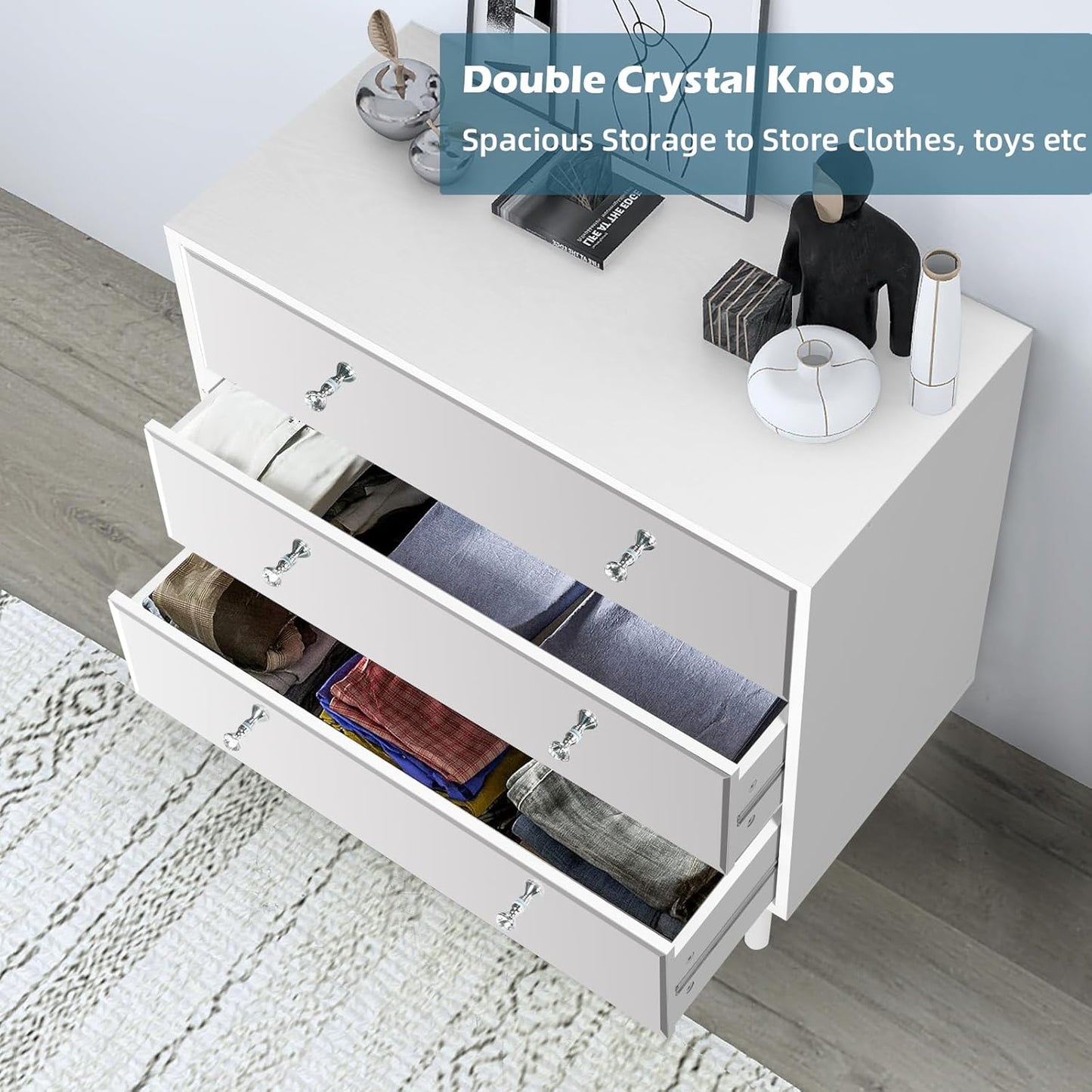 STHOUYN 3 Chest of Drawers for Bedroom Wood, White Mirrored Dresser 3 Drawer for Bedroom, Small Modern Dresser for Closet Living Room (White)