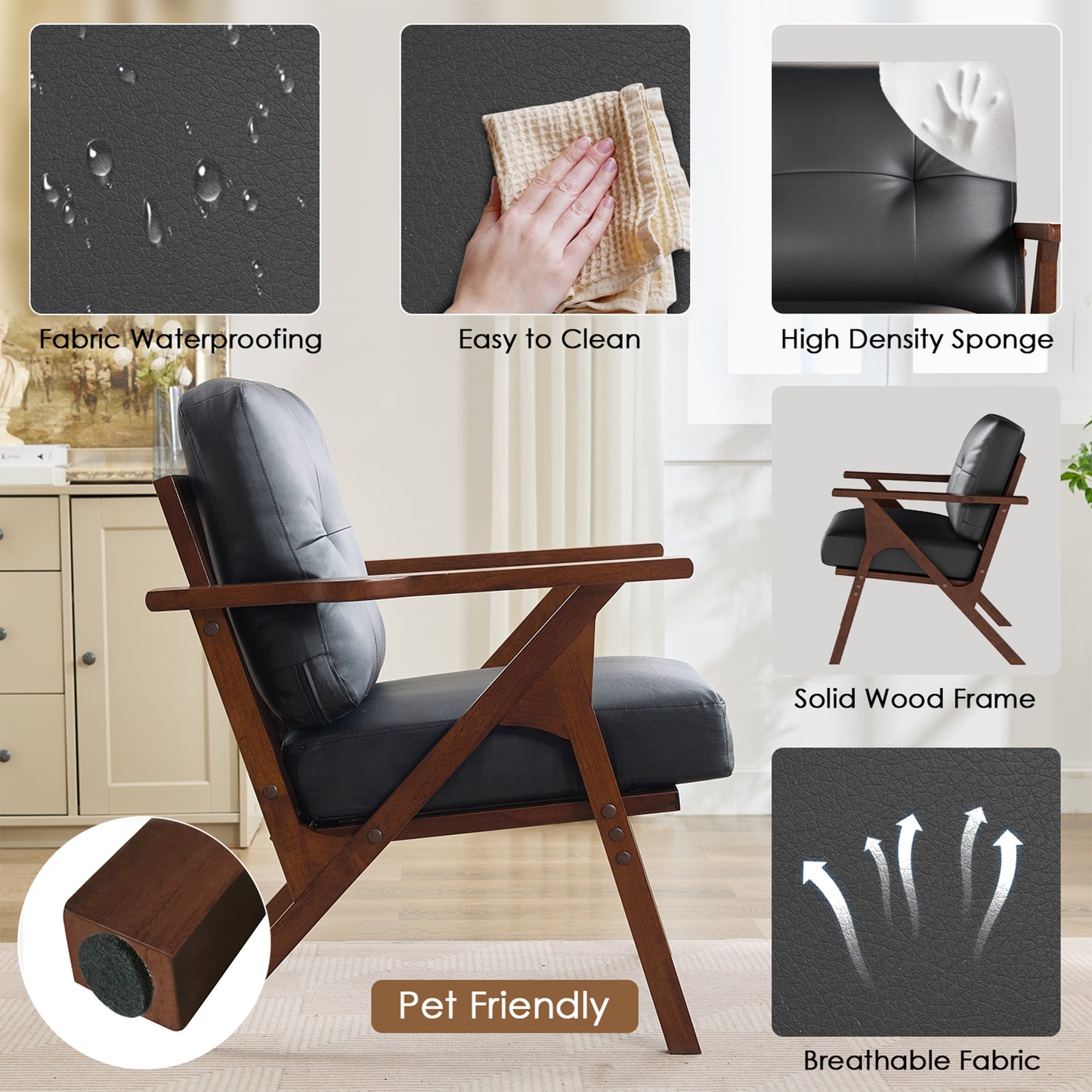 STHOUYN Black Leather Office Accent Chair Set of 2 with Wooden Arms, Comfy Guest Waiting Room Chairs, Mid Century Modern Chair, Side Arm Chairs for Living Room (Black, 1pc)