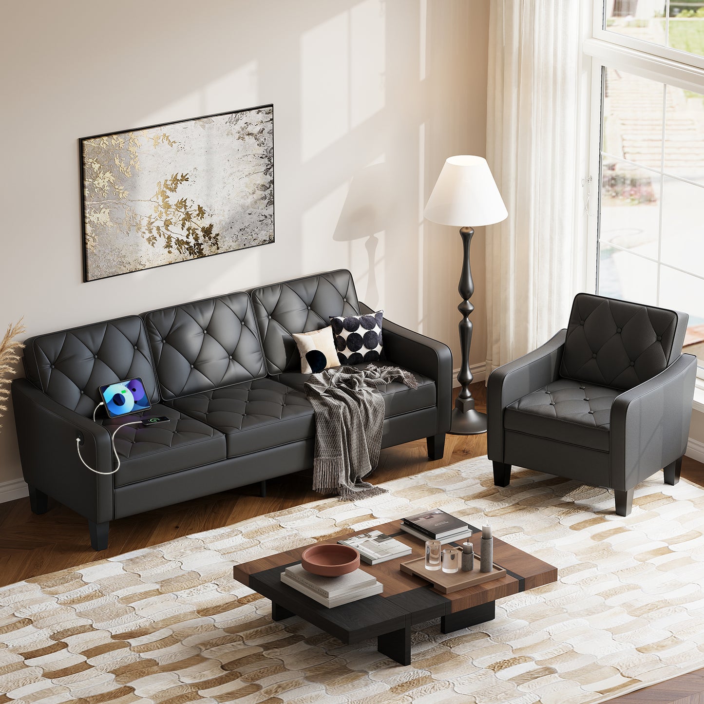 STHOUYN 83” Black Faux Leather Sofas & Couches, Small 3-Seater Sofa for Living Room, Apartment Size Couch, Comfy Mini Couch Living Space Couch Tufted Design, Office, or Waiting Area (Black)