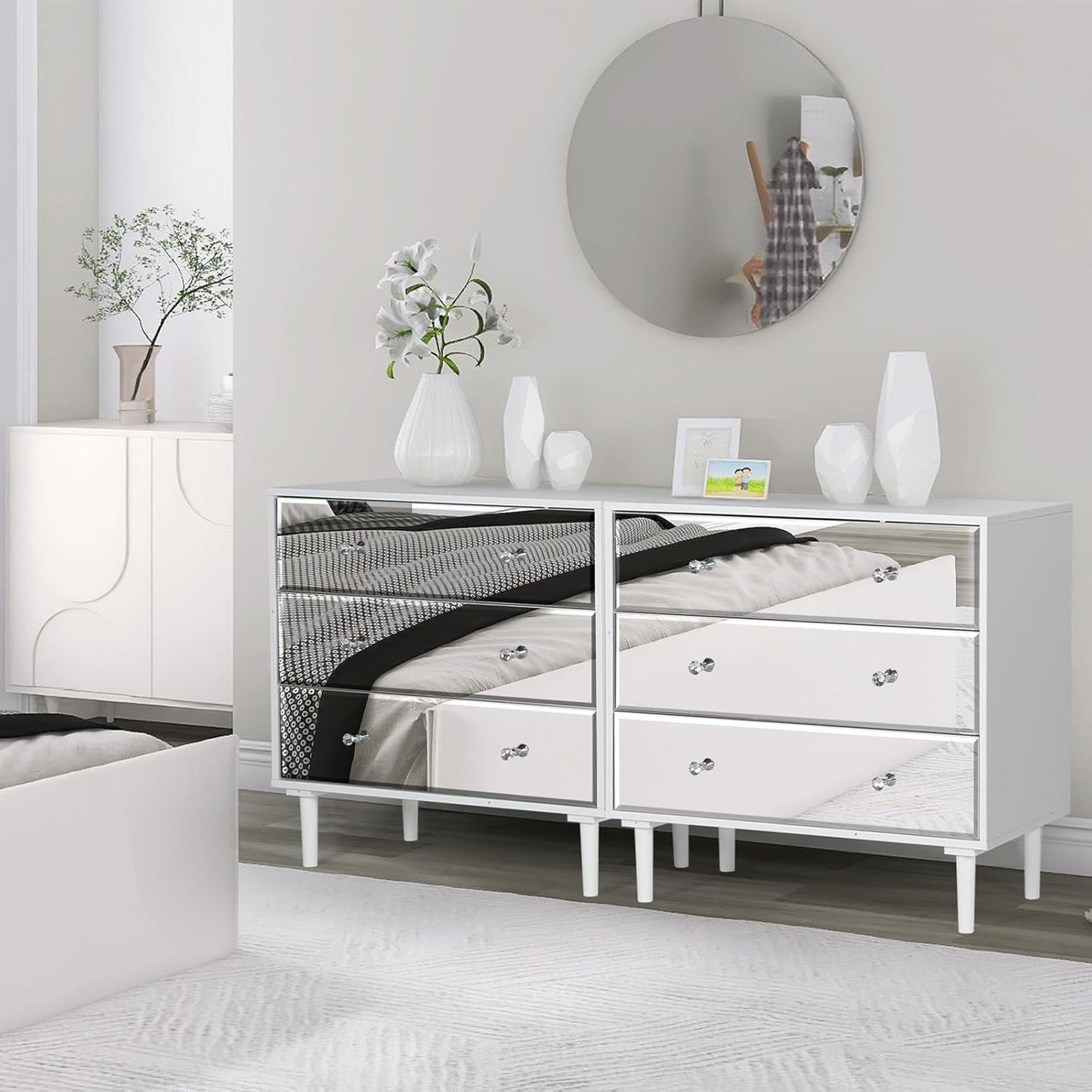 STHOUYN 3 Chest of Drawers for Bedroom Wood, White Mirrored Dresser 3 Drawer for Bedroom, Small Modern Dresser for Closet Living Room (White)