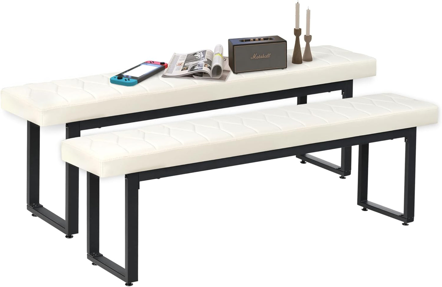STHOUYN 58” Padded Dining Table Bench Pair of 2 for 6-8 Person, Faux Leather Indoor Cushioned Bench, Extra Long Bench for Dining Room Table, Bedside Bench, Shoe Bench, Entryway Bench (White, 58")